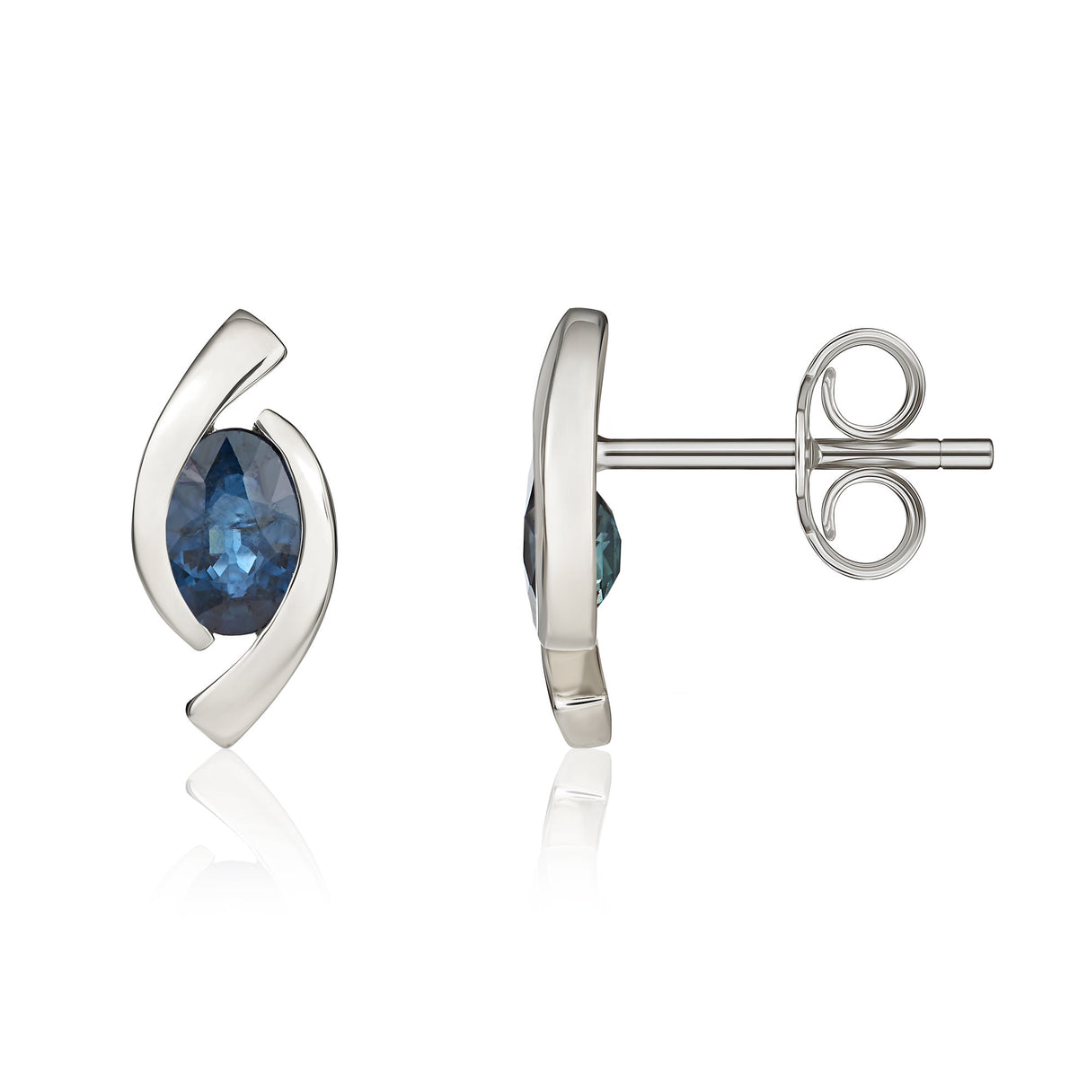 9ct White Gold 6x4 Oval Sapphire 'eye' Stud Earrings