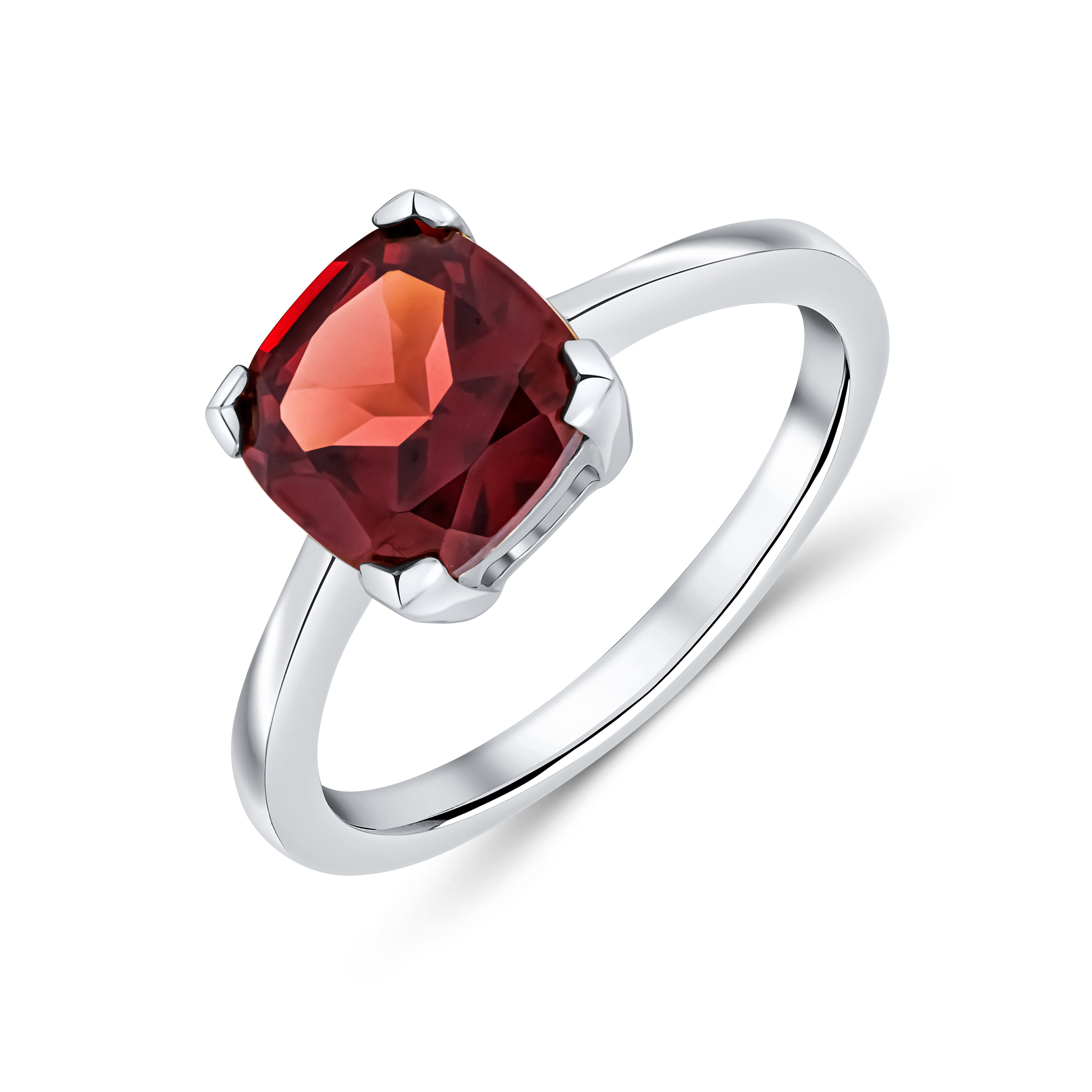 9ct White Gold 8mm Cushion Garnet Claw Set Single Stone Ring