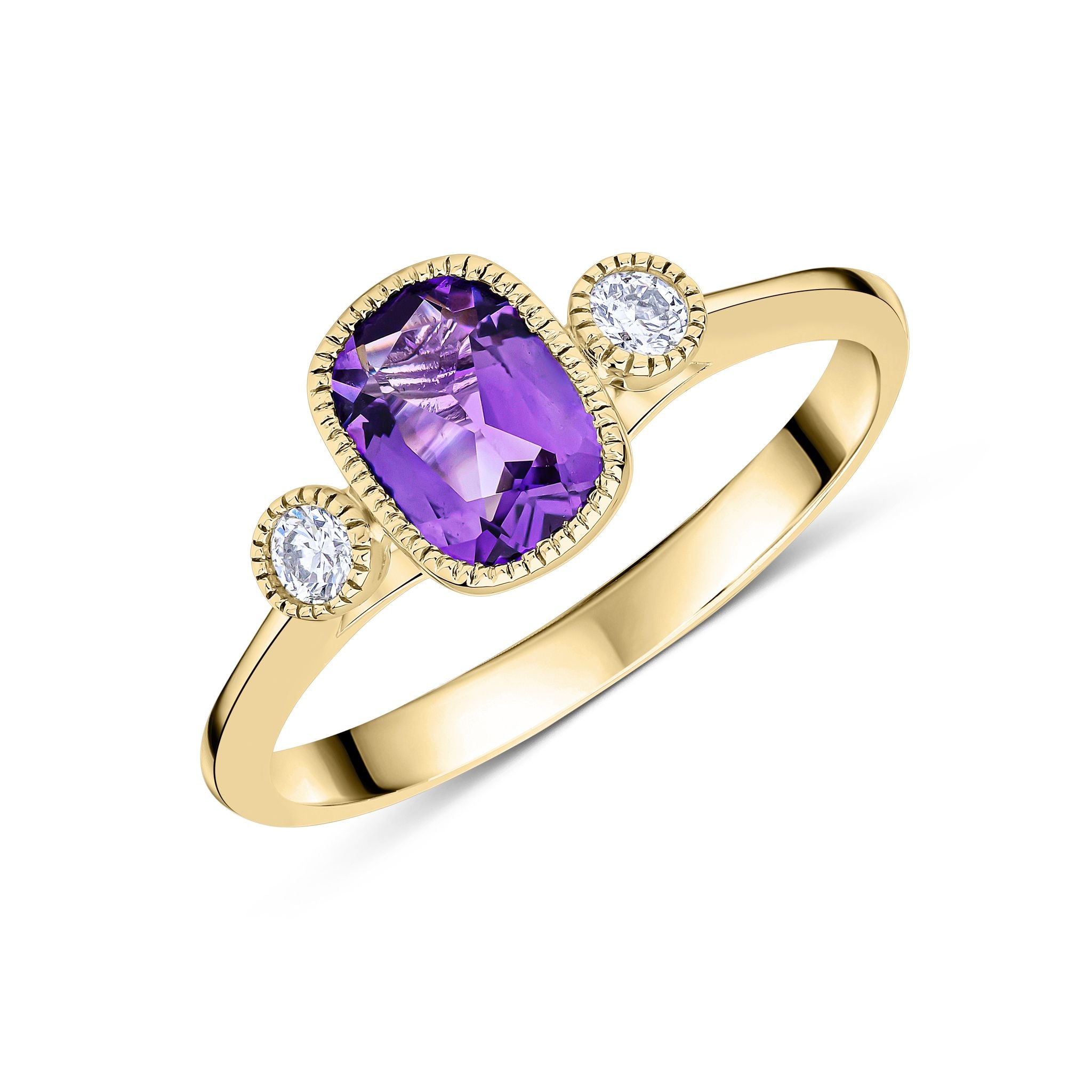 9CT YG 7X5 CUSHION AMETHYST & ROUND DIAMOND MILLEGRAIN SET 3ST RING 1