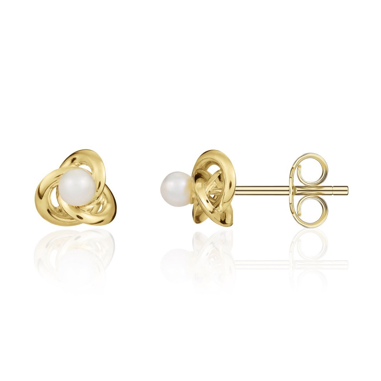 9ct yellow gold Knot Stud Earrings With 3.5mm cultured Freshwater Pearl Centre