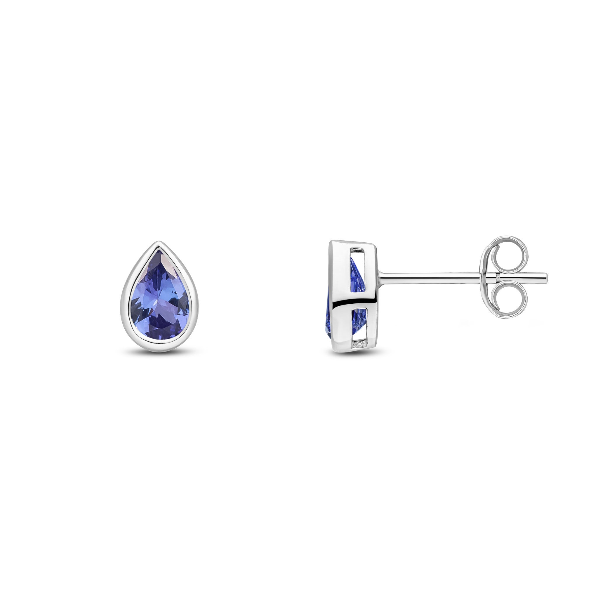 9ct White Gold 6x4 Pear Shape Tanzanite Rubover Set Earrings