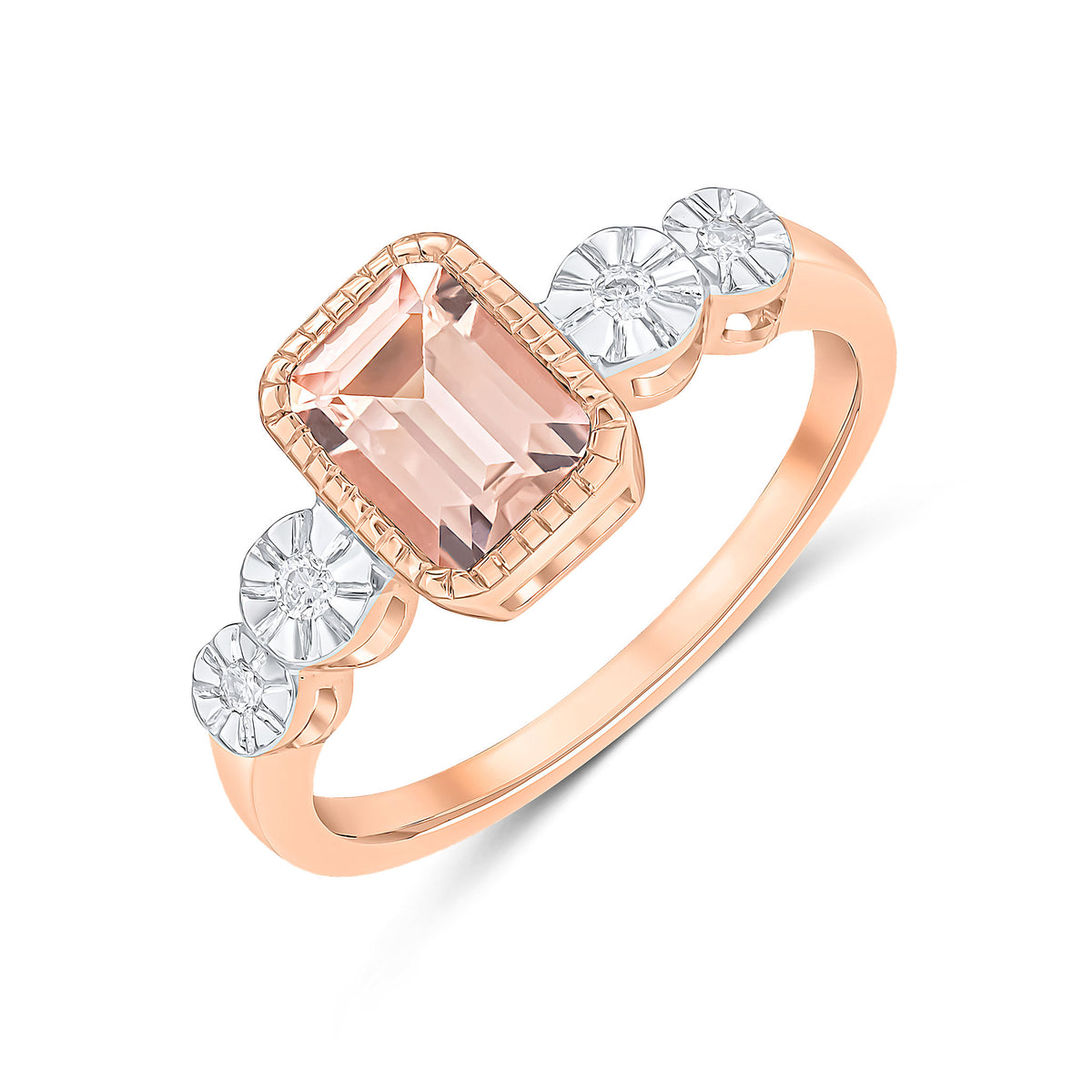 9ct Rose Gold Milgrain Octagon Morganite and Illusion Diamond 4 Stone Shoulders Ring