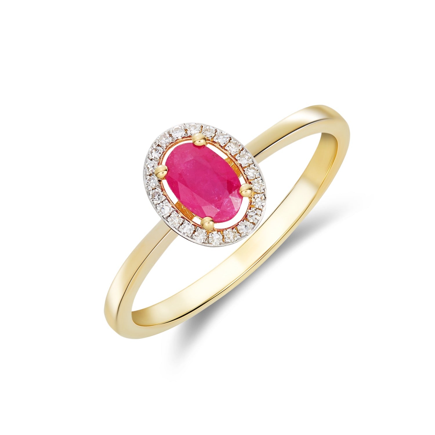 9CT YG 6X4 OVAL RUBY AND ROUND DIAMOND HALO CLUSTER RING. RHODIUM TO DIAMONDS 1