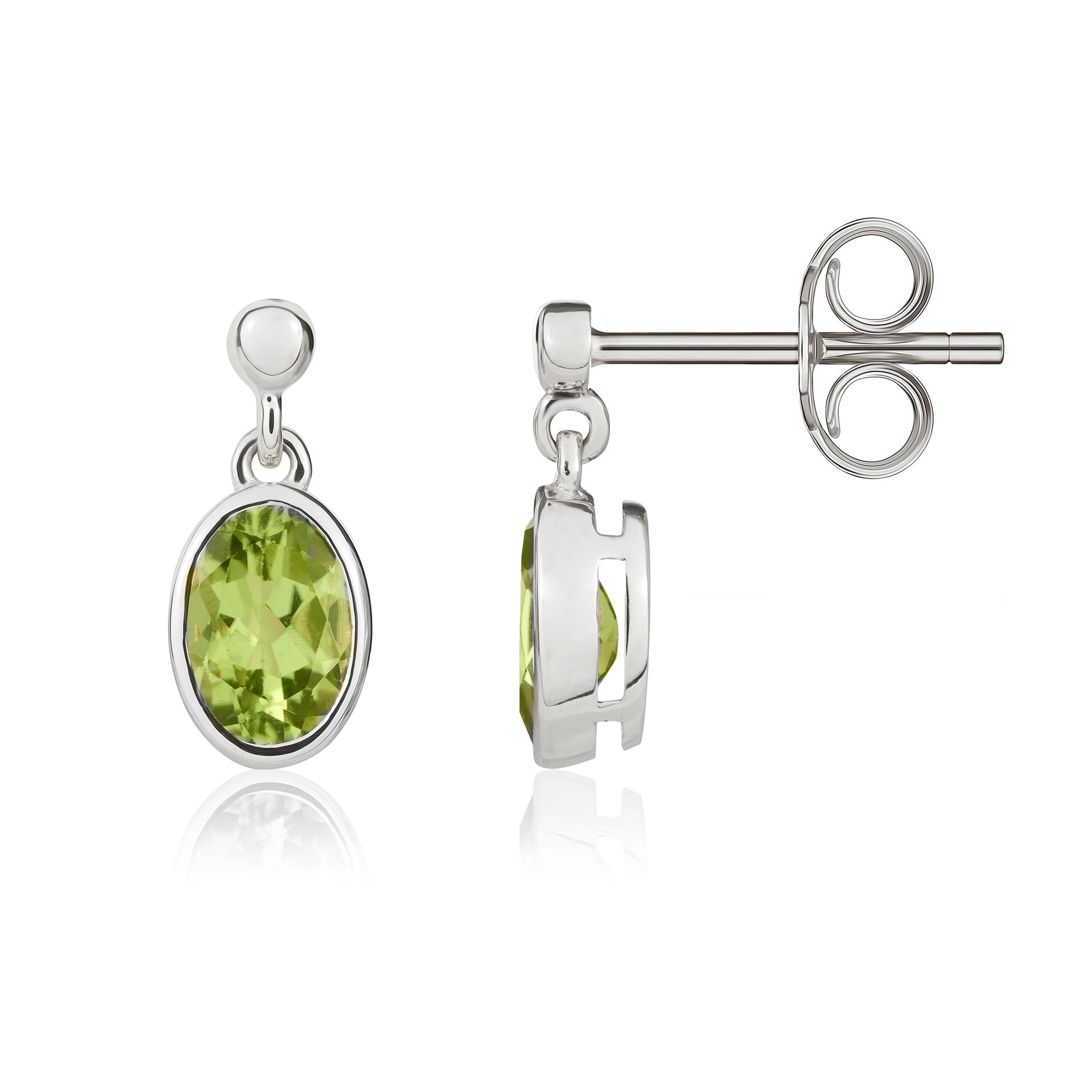 9ct white gold 6 x 4 mm oval Peridot rubover Drop Earrings With 2.5mm Bead Top
