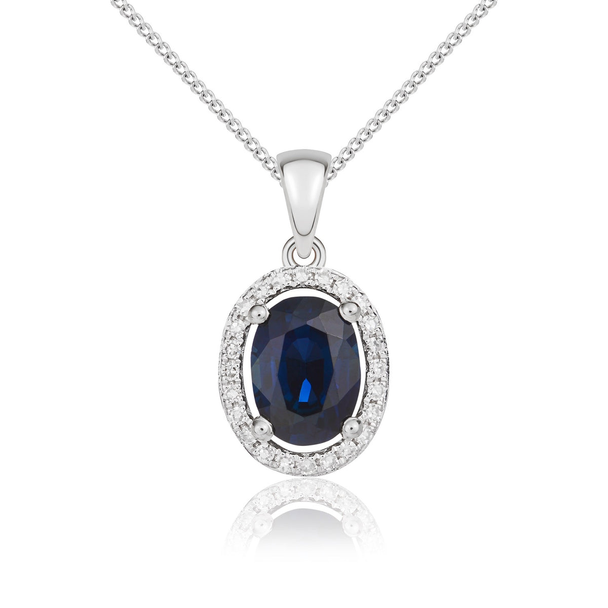 9ct White Gold 7x5mm Oval Sapphire and Diamond Halo Cluster Pendant