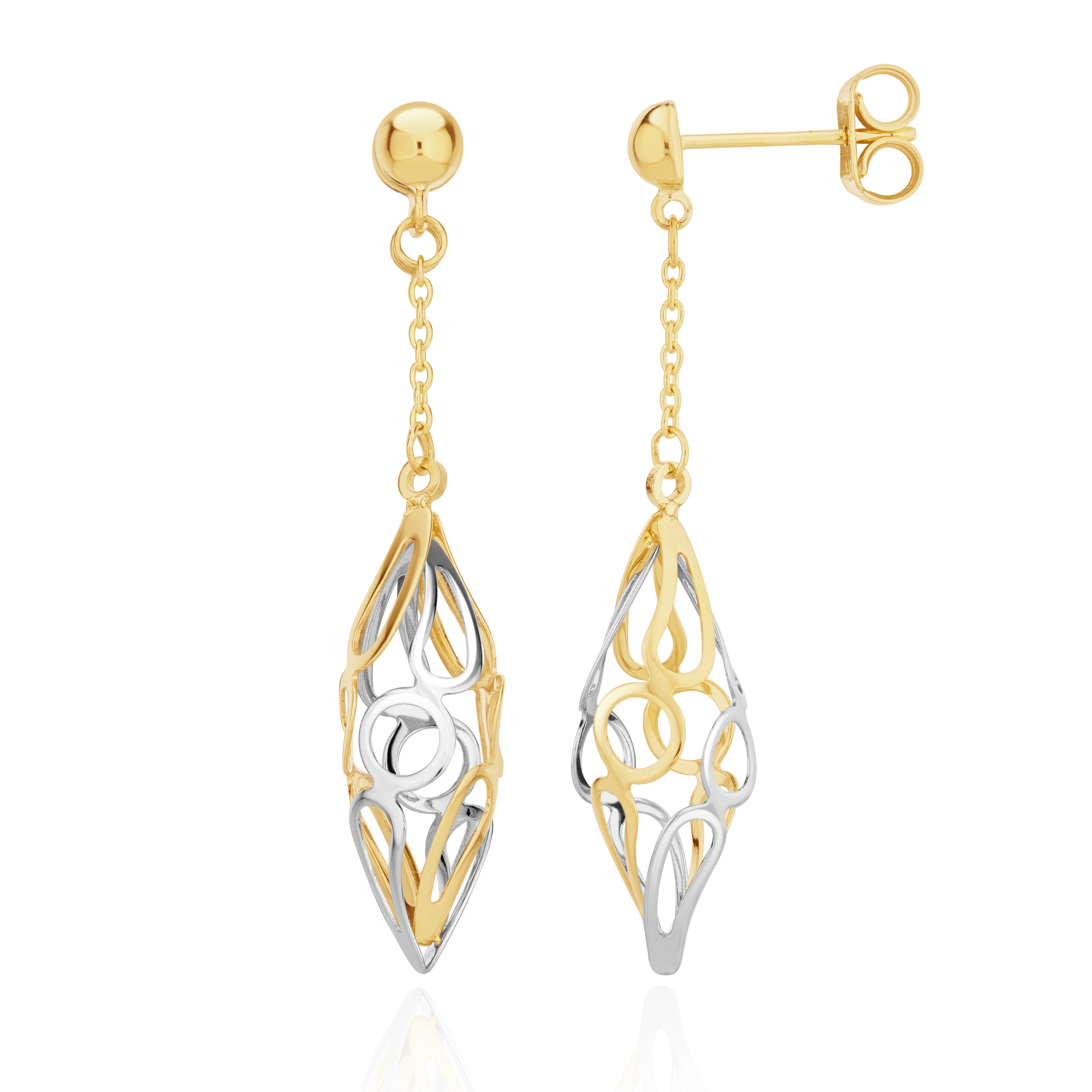 9ct Yellow And White Gold 3D Openwork Marquise And Chain Drop earrings