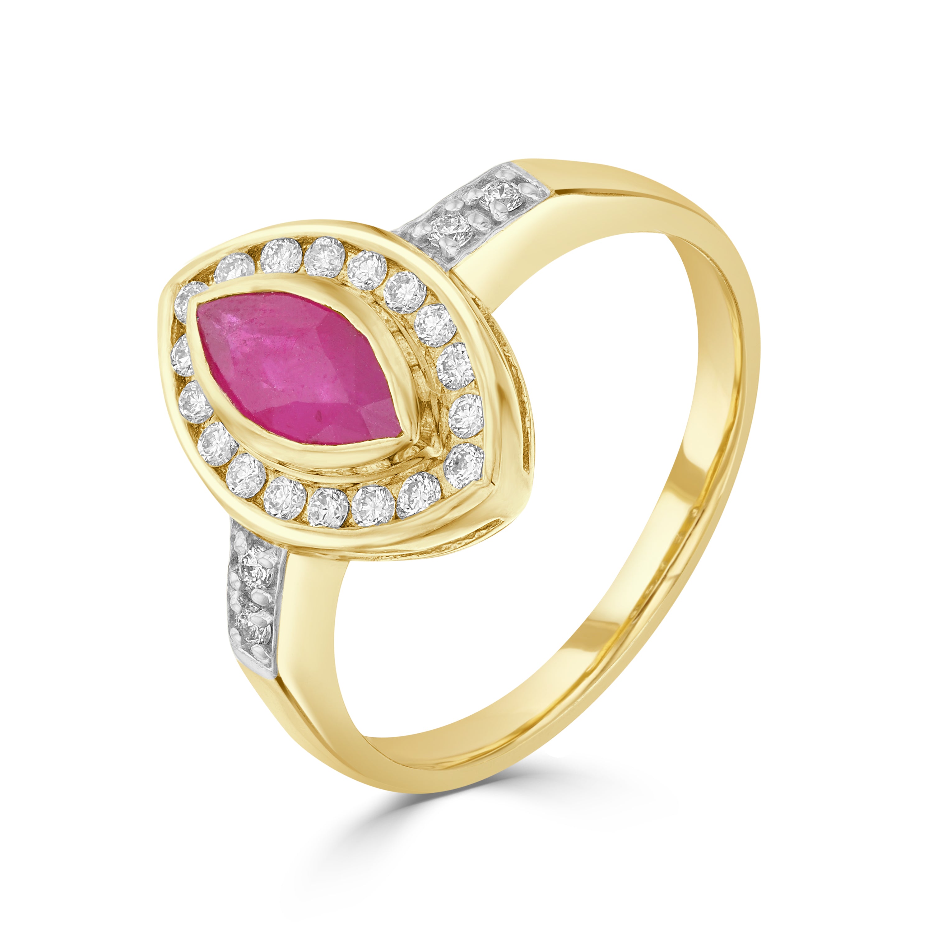 9ct Yellow Gold Marquise Ruby and Diamond Rubover Cluster Ring with Grain Set Diamond Set Shoulders