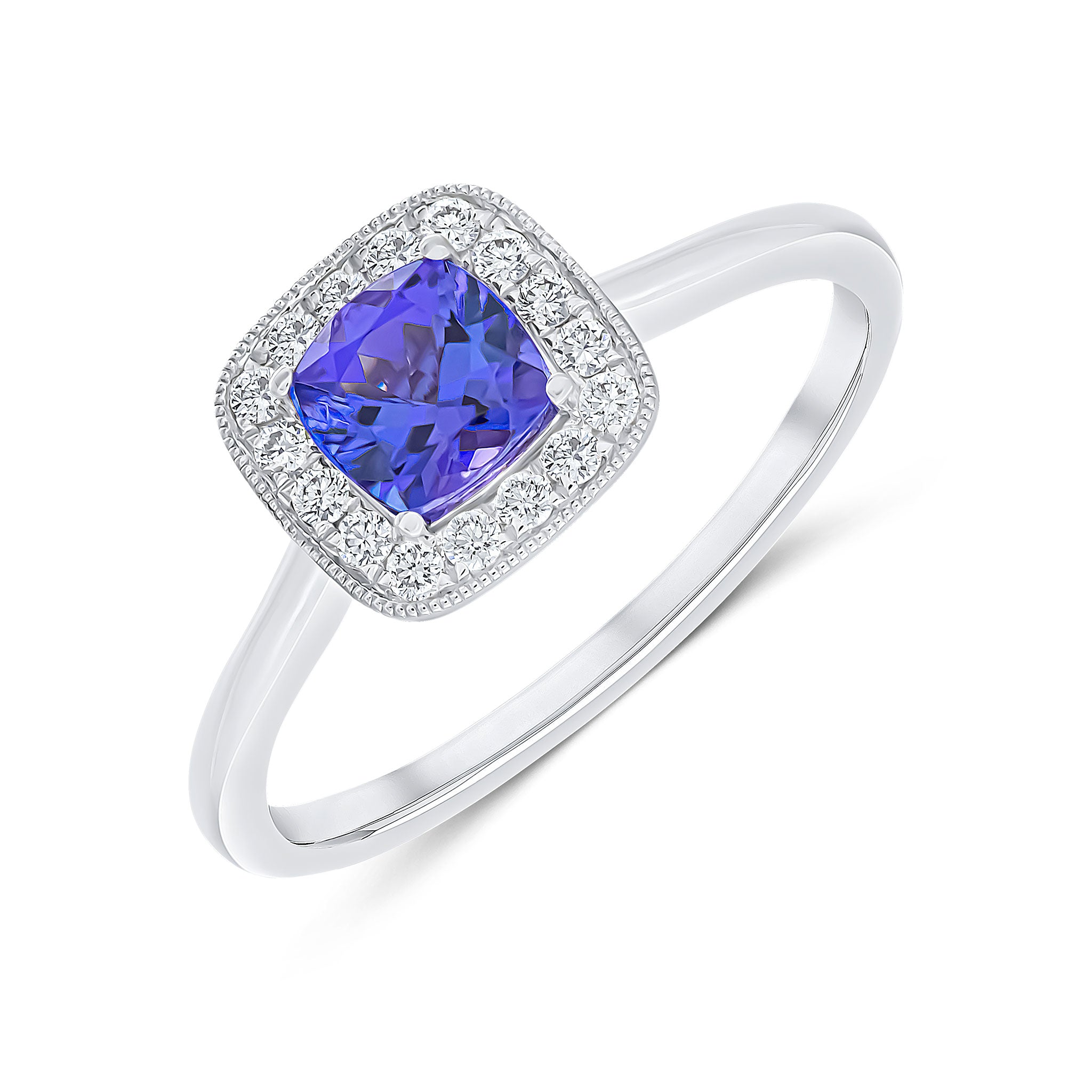 18ct White Gold Claw Set Cushion Tanzanite and Milgrain Round Diamond Cluster Ring