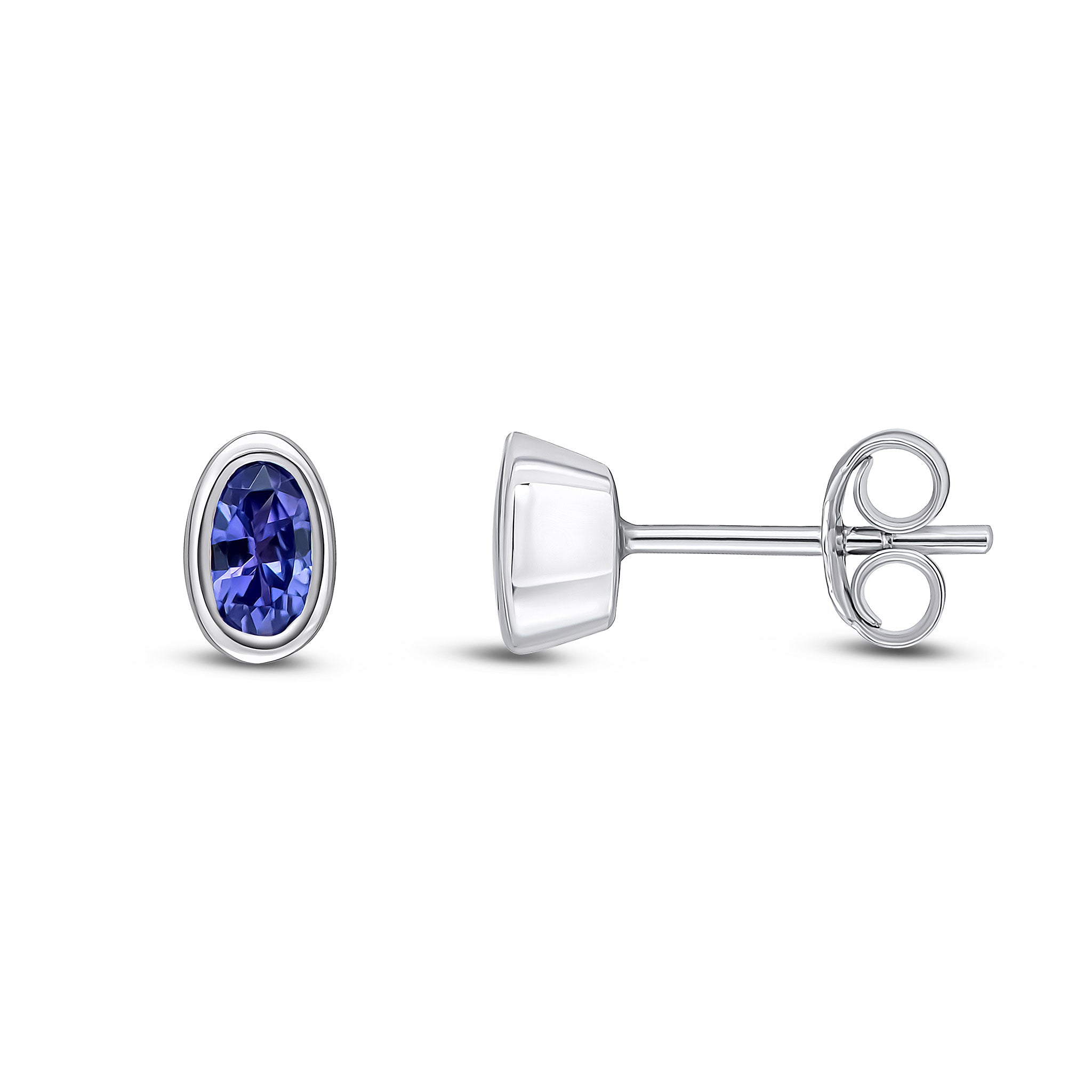 9ct White Gold 5x3mm Oval Tanzanite Rubover Stud Earrings