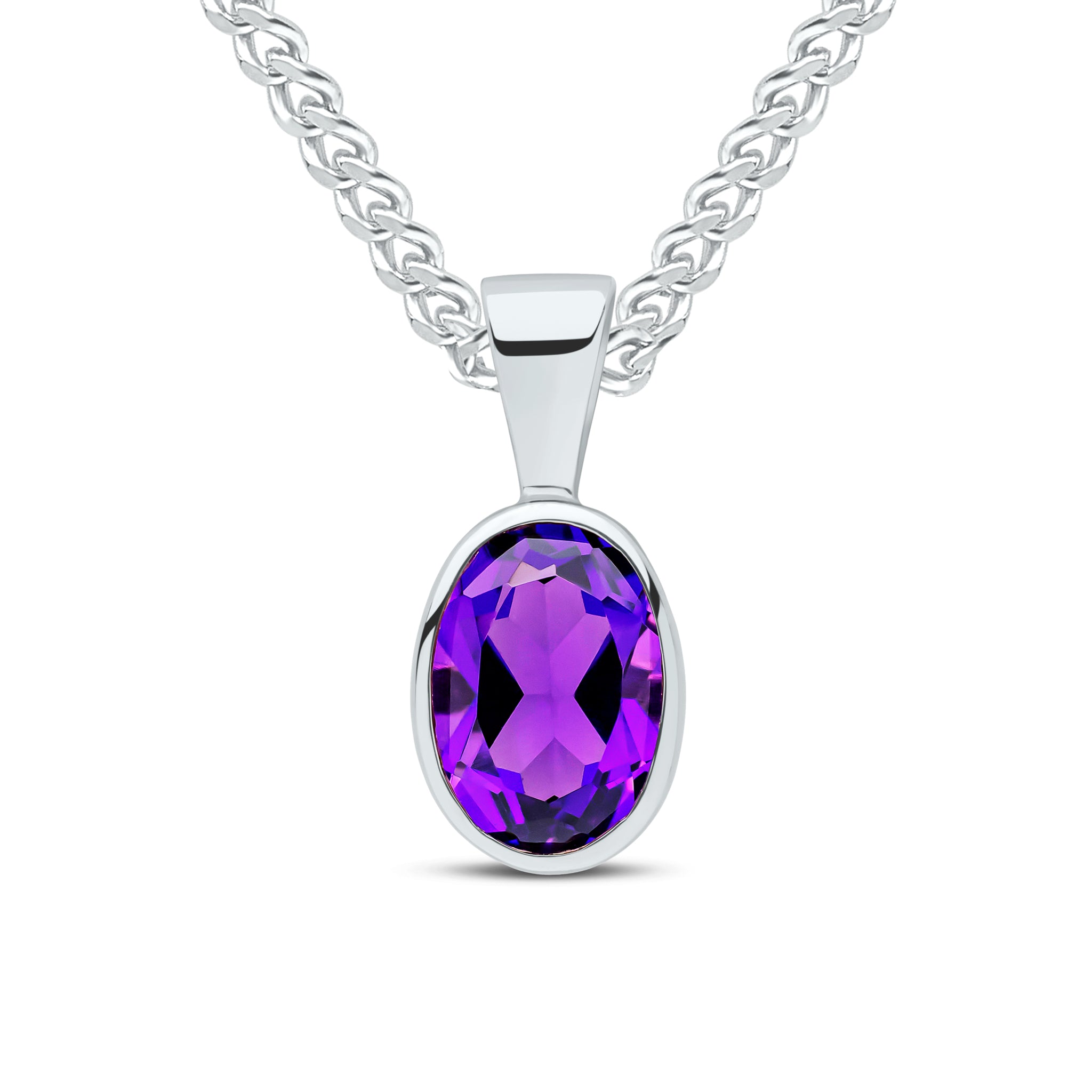 9ct White Gold 7x5mm Oval Amethyst Rubover Pendant