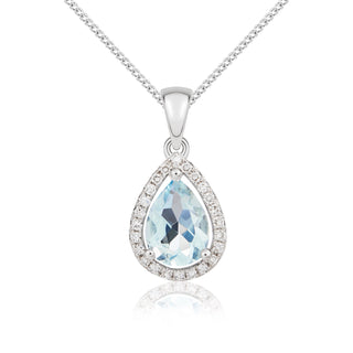 9ct white gold 7 x 5mm pear shape aquamarine & diamond Halo Claw cluster pendant