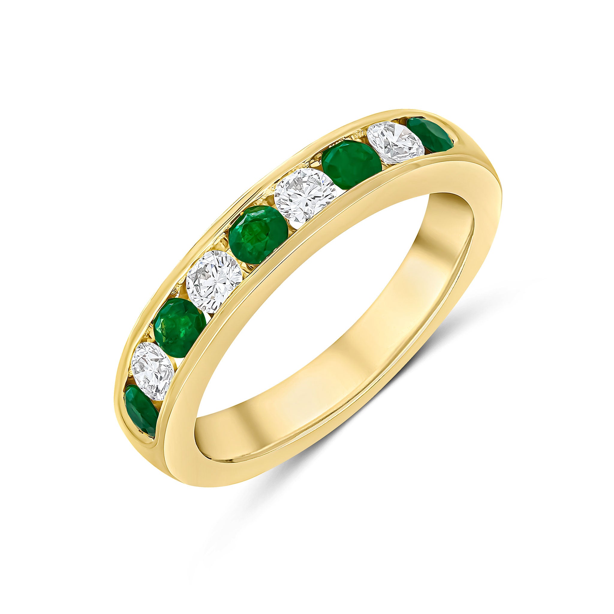 18ct Yellow Gold Round Emerald and Diamond Channel Set 9 Stone Ring