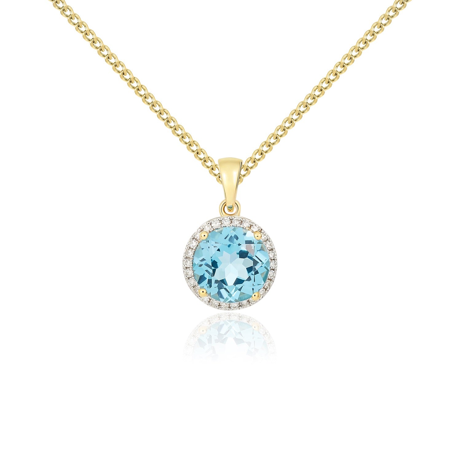 9ct Yellow Gold 8mm Round Swiss Blue Topaz and Diamond Claw Cluster Pendant