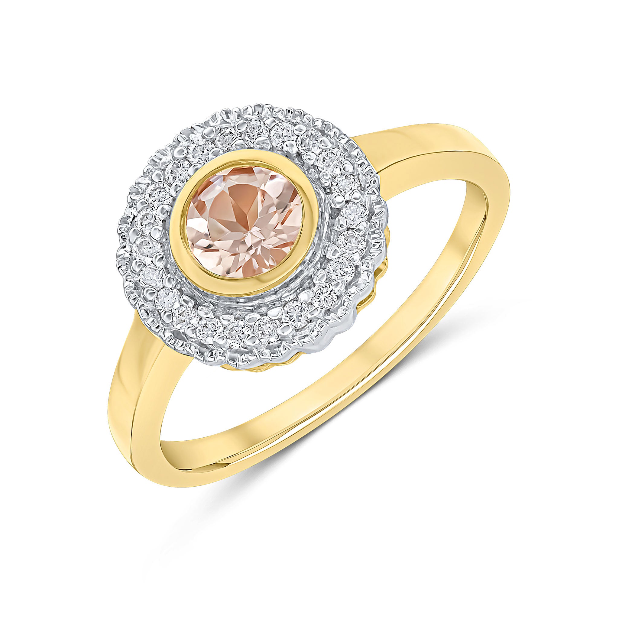 9ct Yellow Gold Round Rubover Morganite and Milgrain Round Diamond Cluster Ring Rhodium to Diamonds