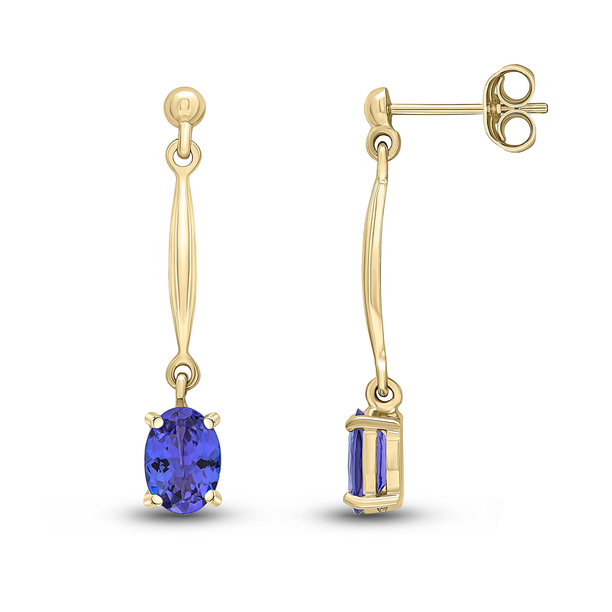 9ct Yellow Gold 7x5mm Oval Tanzanite and Bar Drop Earrings with Bead Top