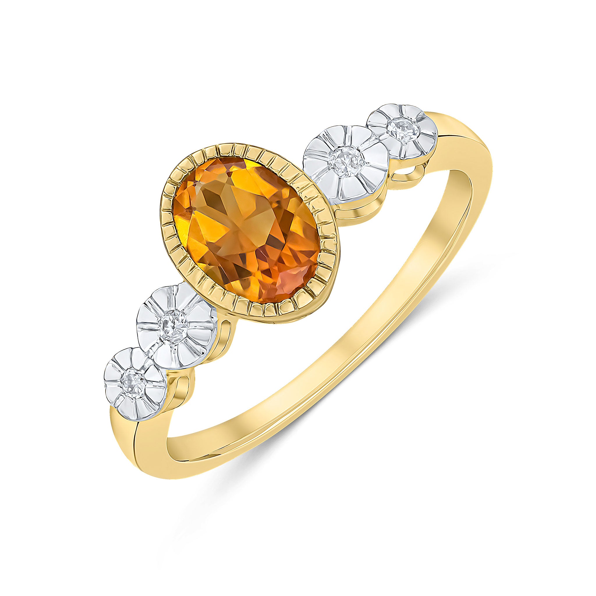 9ct Yellow Gold Milgrain Oval Citrine and Illusion Diamond 4 Stone Shoulders Ring