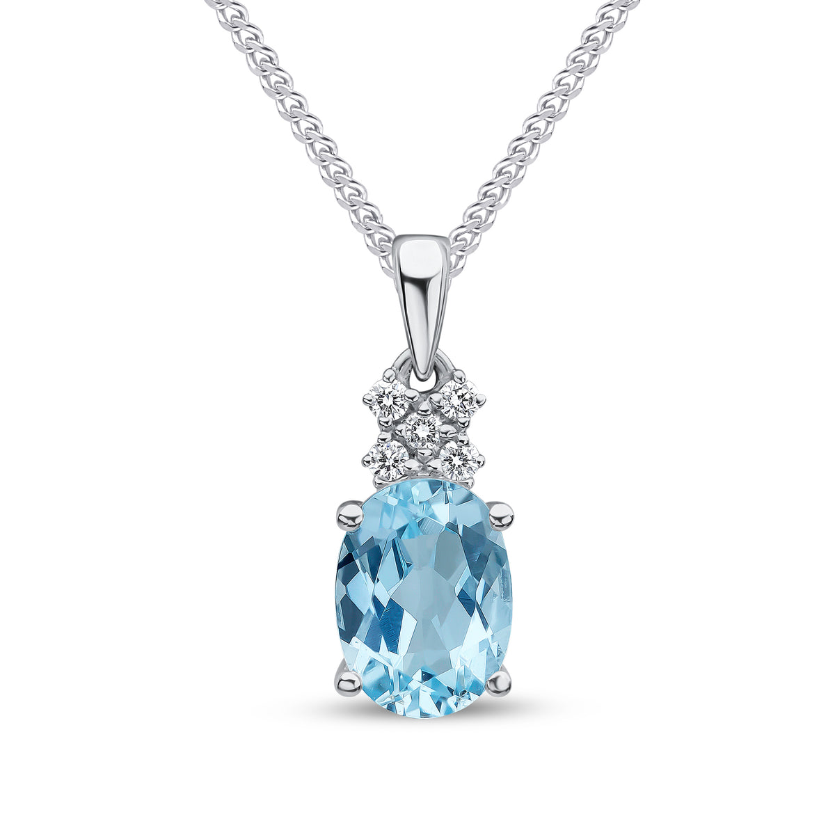 18ct White Gold 8x6mm Oval Aquamarine & Diamond 5 Stone 'cross' Top Pendant with Plain Loop