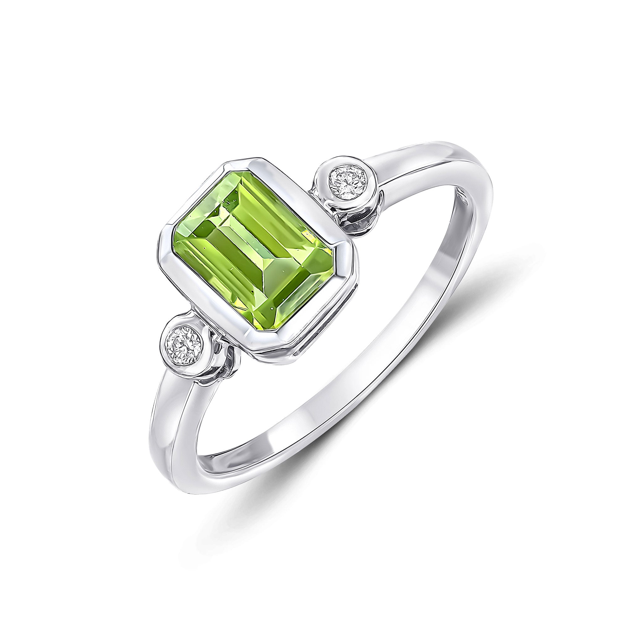 9CT WG 7X5 OCTAGON PERIDOT AND ROUND DIAMOND 3ST RUBOVER RING 1