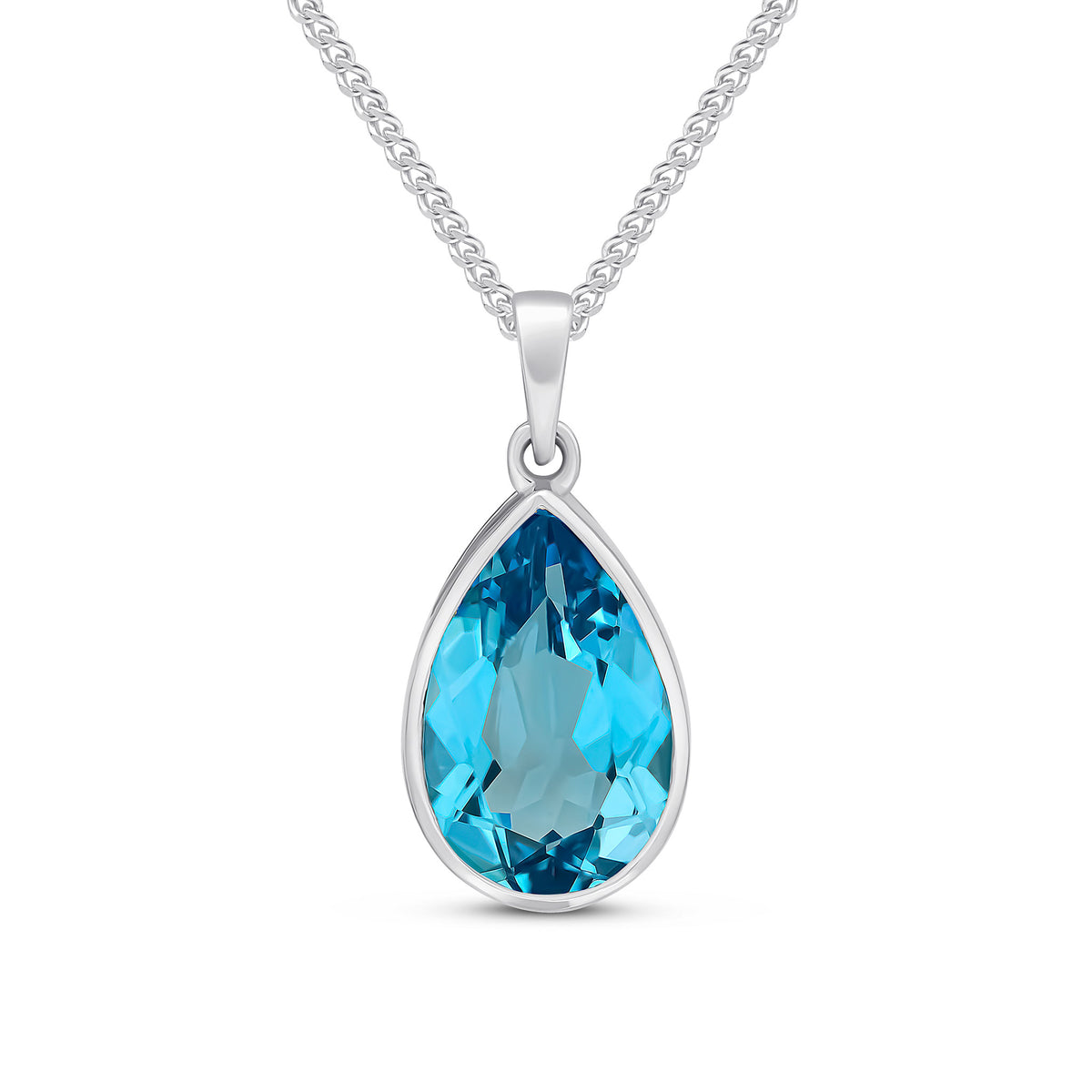 9ct White Gold 14x9 Pear Shape Swiss Blue Topaz Rubover Pendant