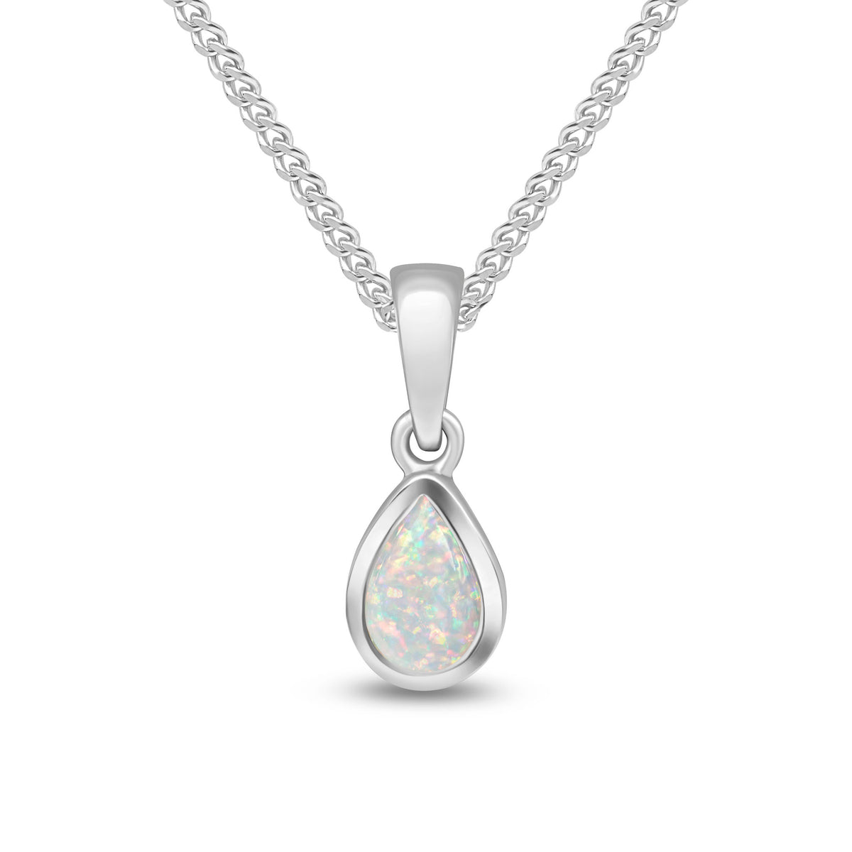 9ct White Gold 6x4 Pear Shape Opal Rubover Single Stone Pendant