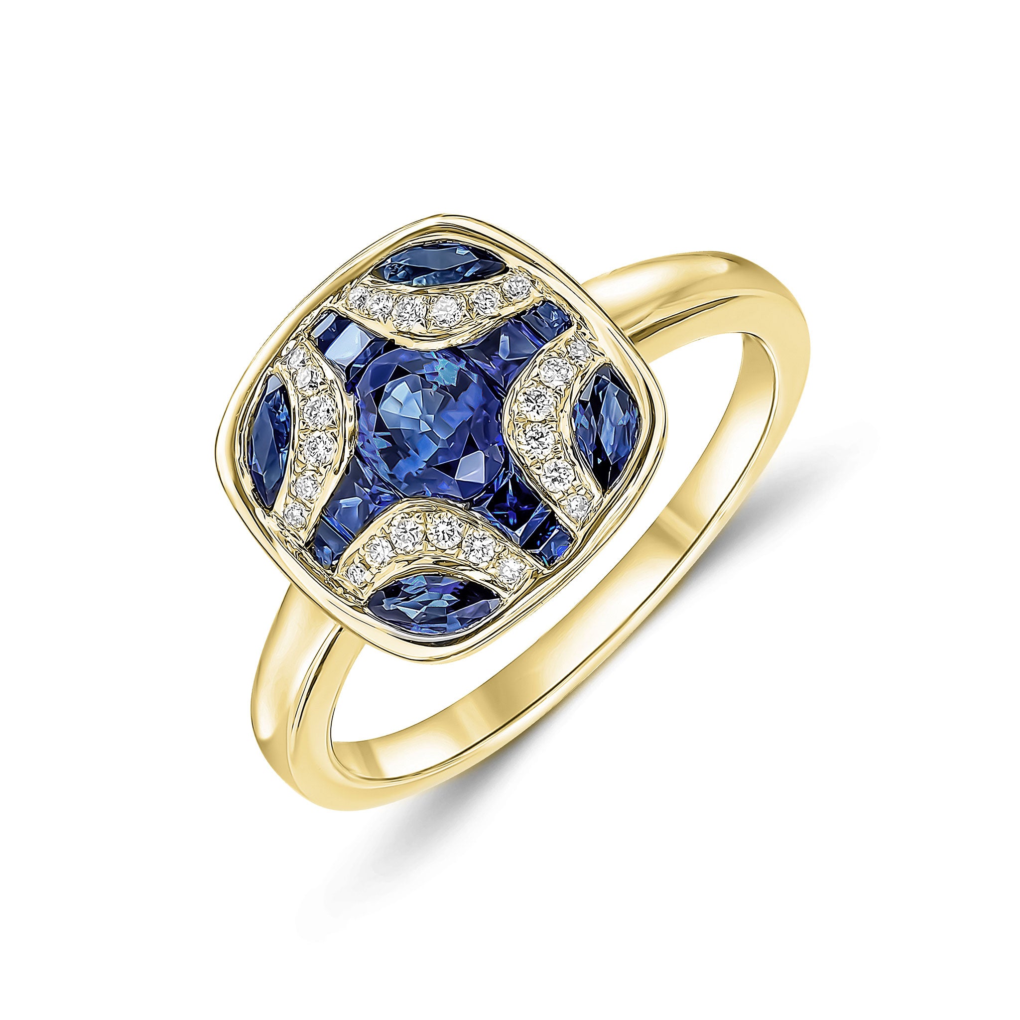 18ct Yellow Gold Sapphire & Diamond Shield Ring with Plain Shank