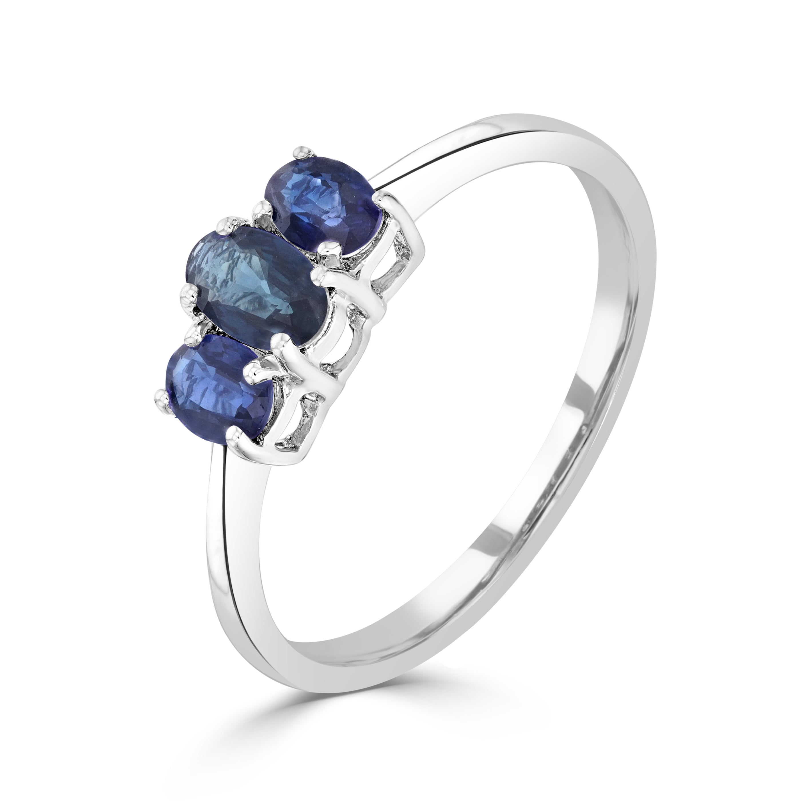 9ct White Gold Oval Sapphire 3 Stone Claw Set Ring