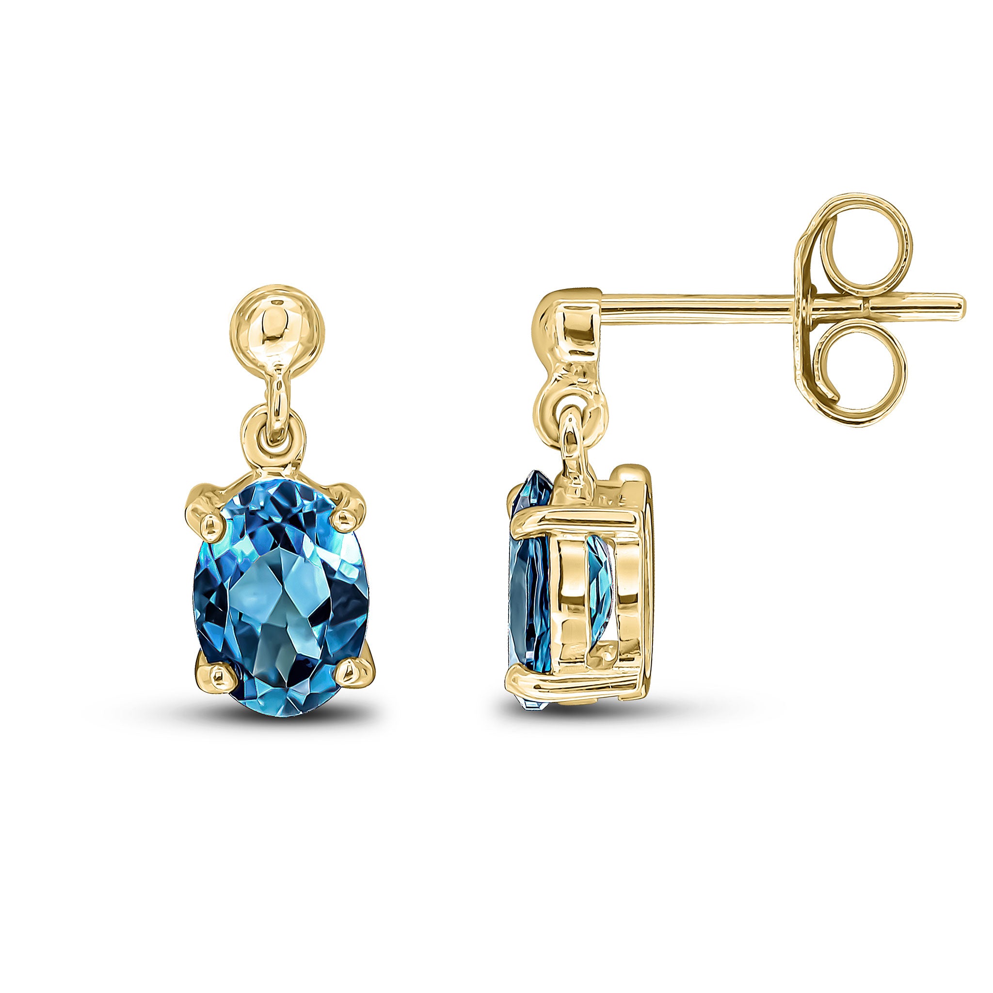 9ct Yellow Gold Oval 7x5mm London Blue Topaz Claw Drop Earrings with Bead Top