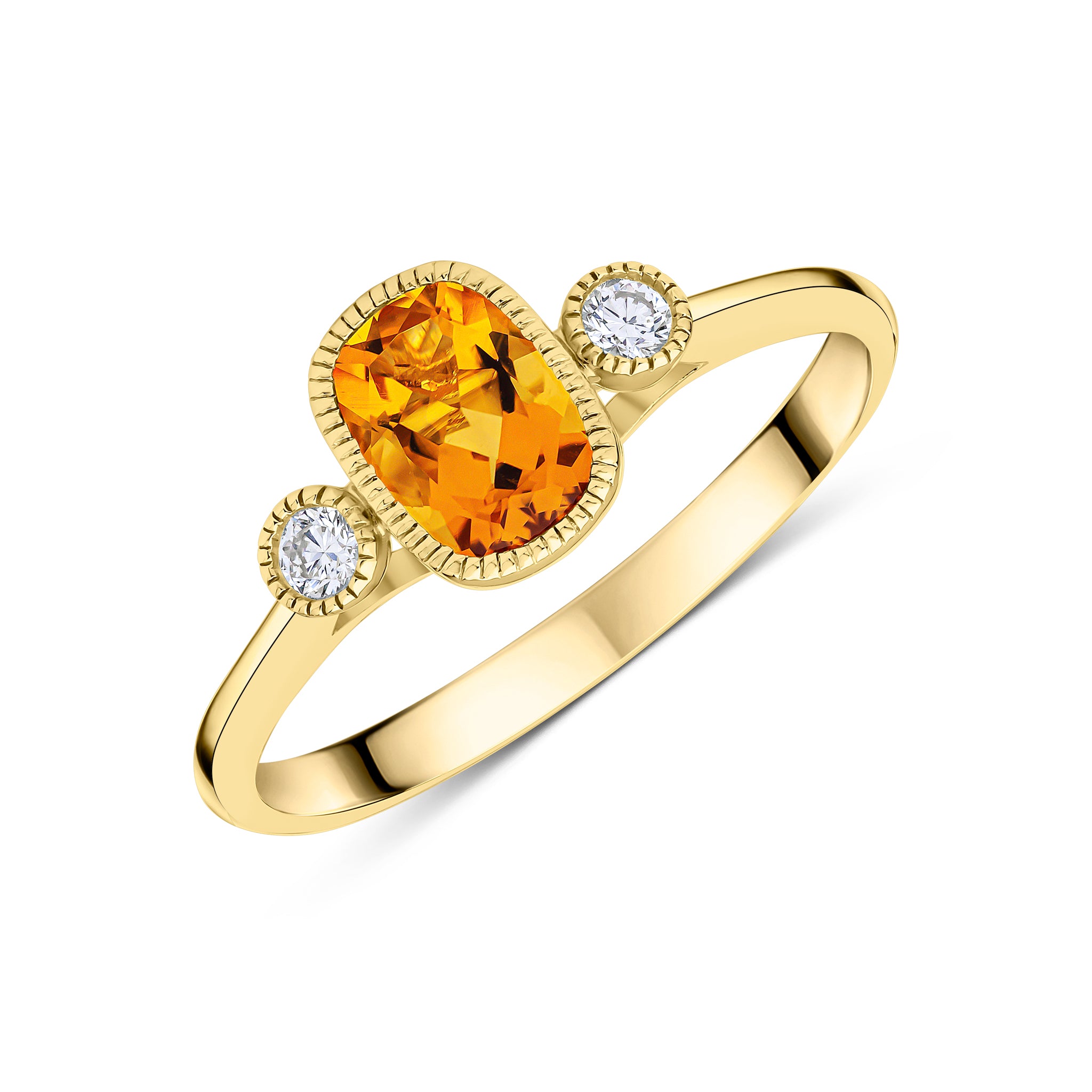 9ct Yellow Gold 7x5 Cushion Citrine & Round Diamond Milgrain Set 3 Stone Ring