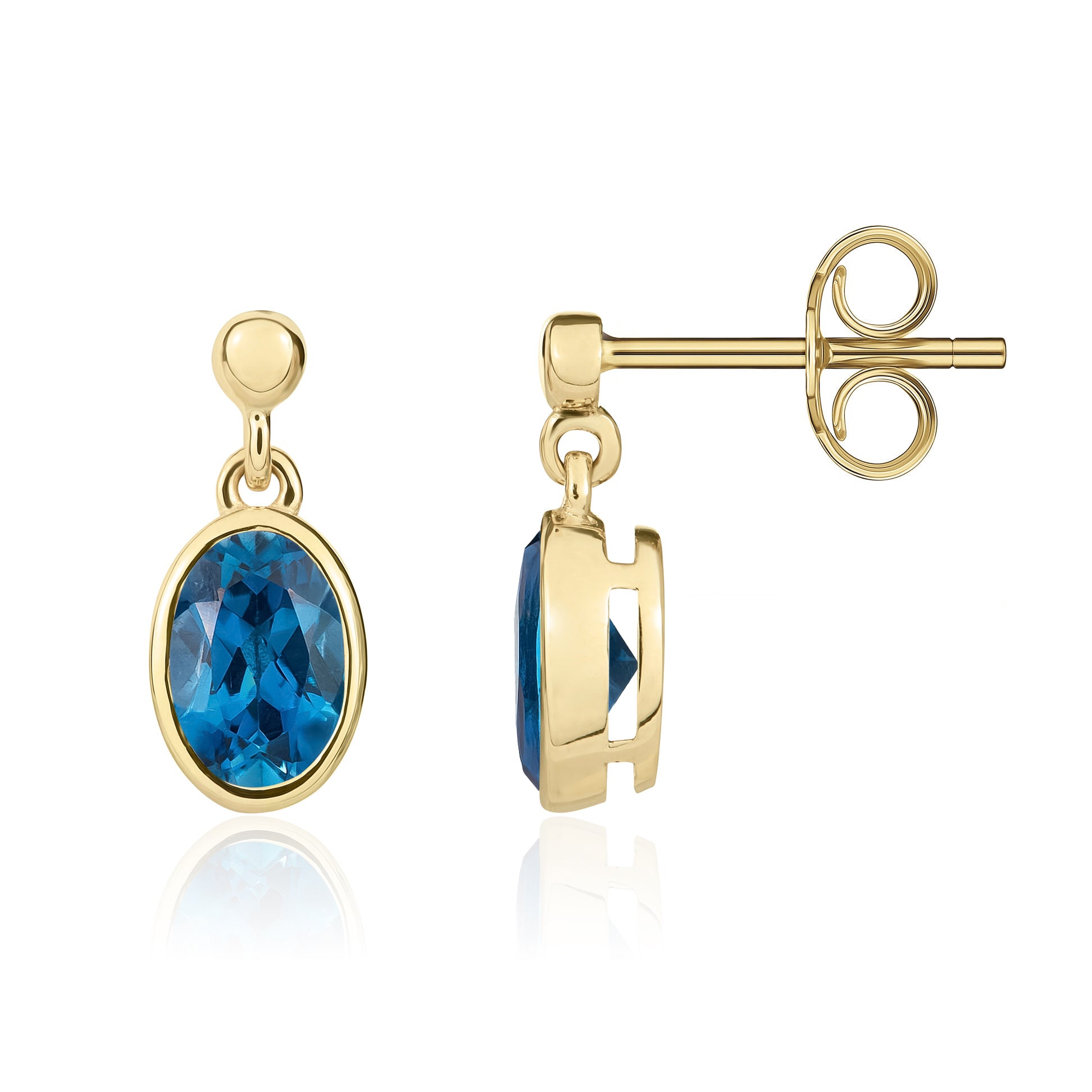 9ct Yellow Gold 7x5mm Oval London Blue Topaz Rubover Drop Earrings with Bead Top