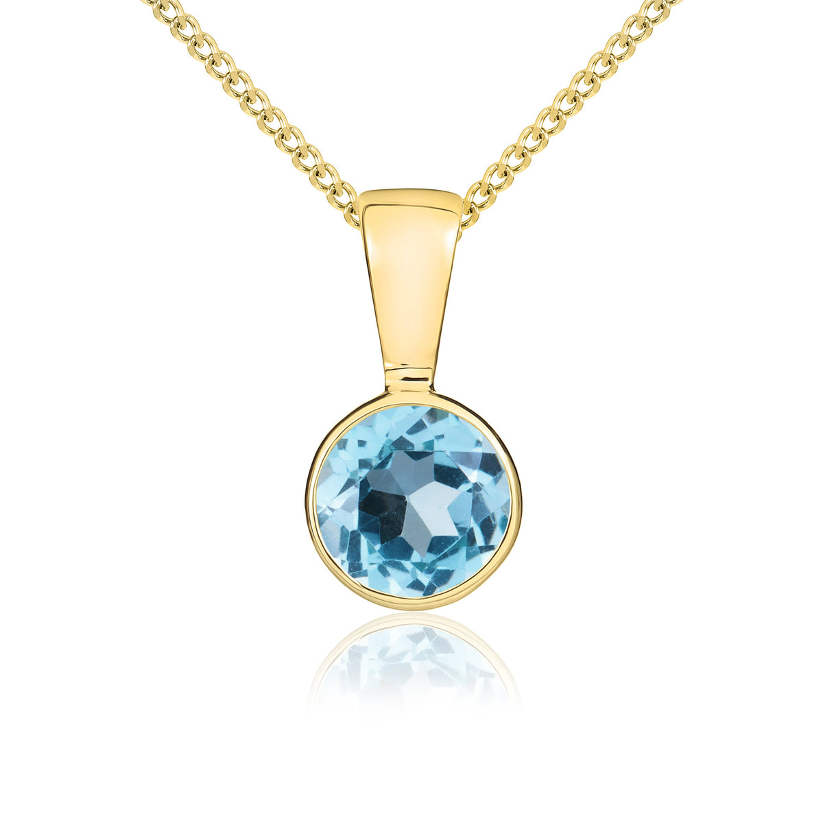9ct Yellow Gold 5mm Round Swiss Blue Topaz Rubover Pendant