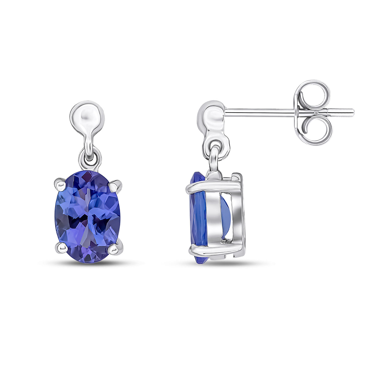 9ct White Gold 7x5 Oval Tanzanite Claw Set Drop Earrings with Bead Top