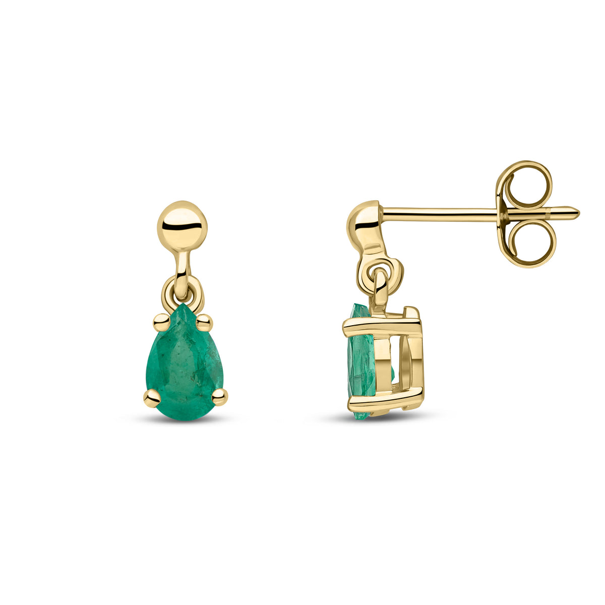 9ct Yellow Gold 6x4 Pear Shape Emerald Claw Set Drop Earrings with Bead Stud Top