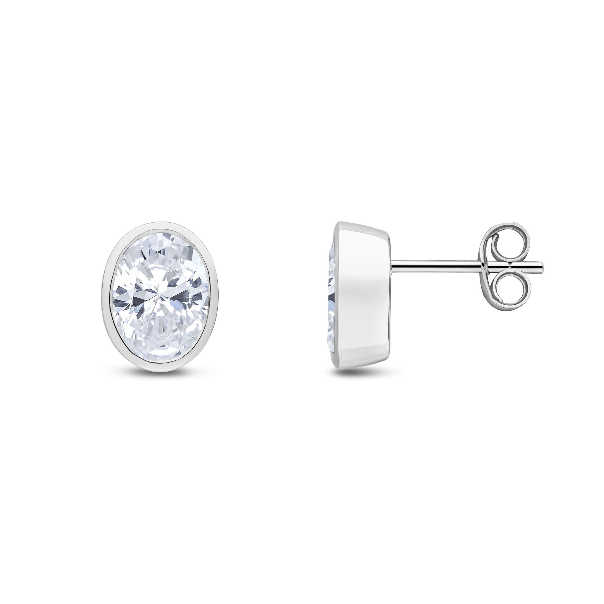 9ct White Gold 8x6 Oval CZ Rubover Earrings