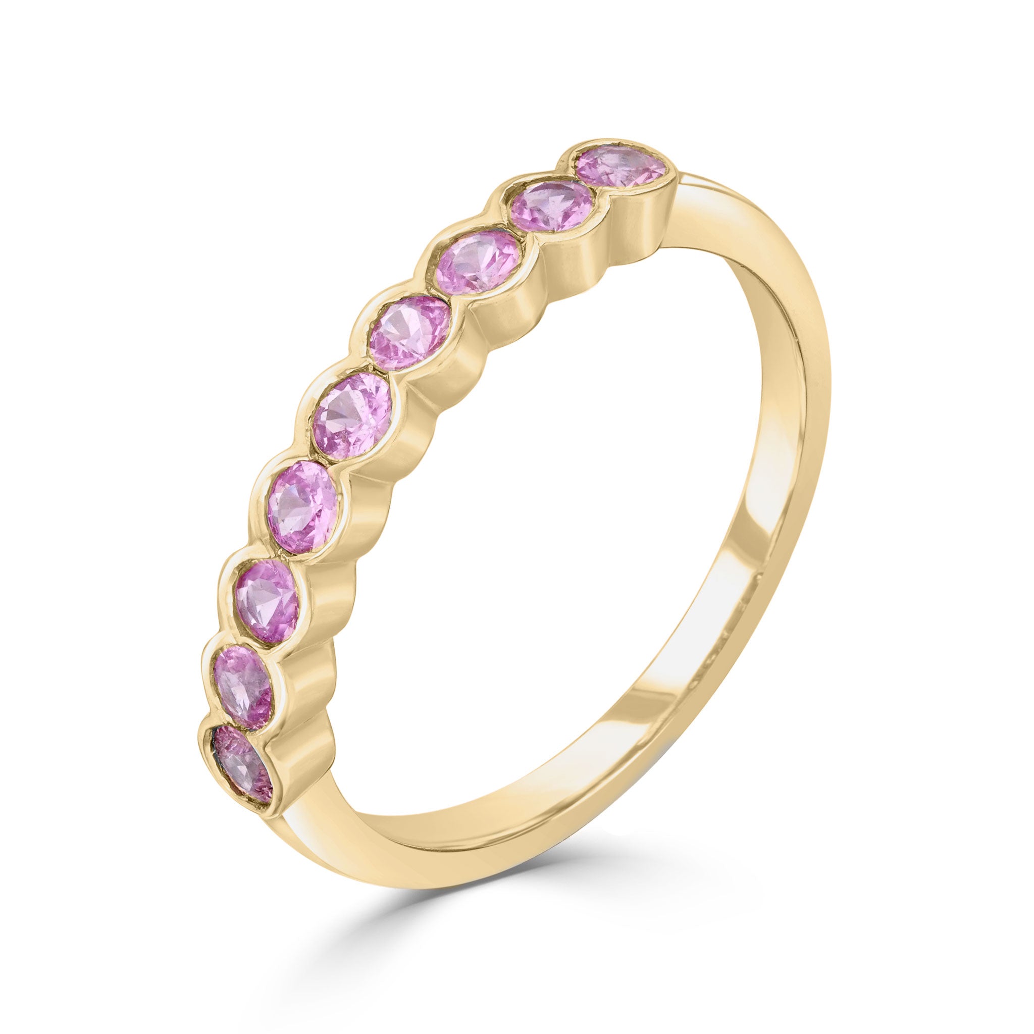 9ct Yellow Gold Round Pink Sapphire 9 Stone Scalloped 1 2 Eternity Ring