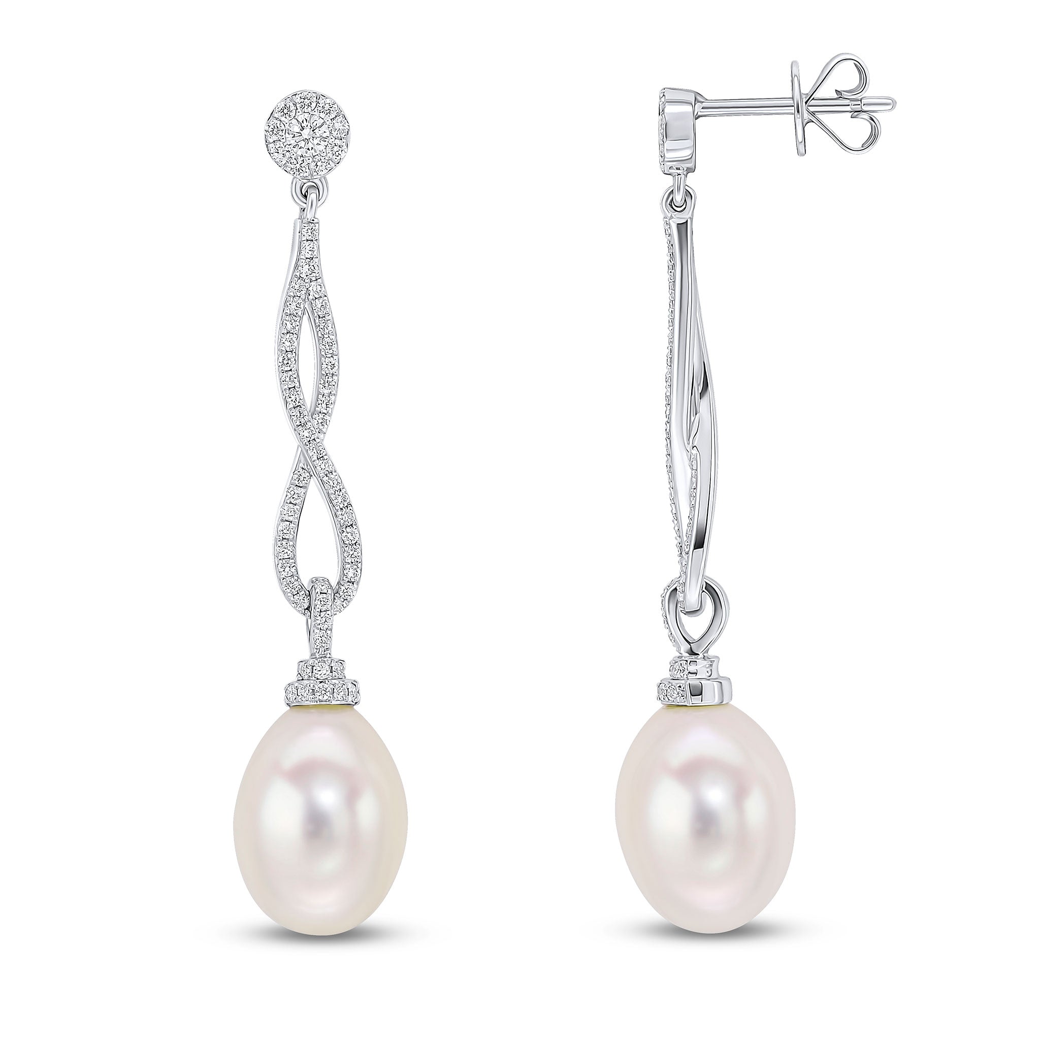 18ct White Gold Round Diamond Long 'figure of 8' and Cultured Freshwater Pearl Drop Earrings with Round Diamond Cluster Top