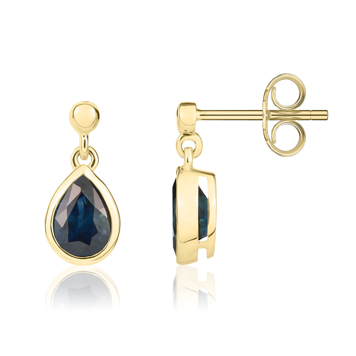9ct Yellow Gold 7x5 Pear Shape Sapphire Rubover Drop Earrings with Bead Top