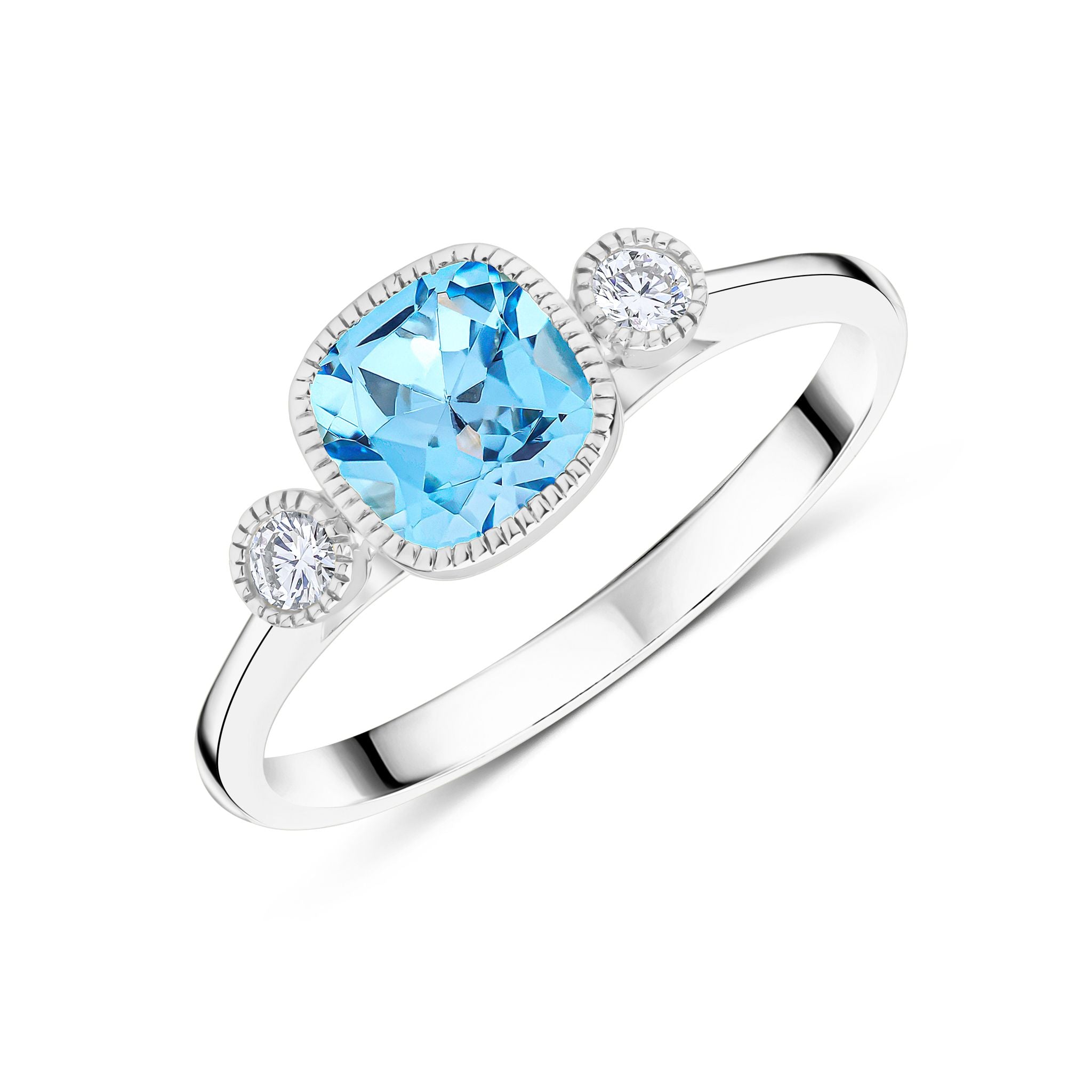 9CT WG 6MM CUSHION SWISS BLUE TOPAZ & ROUND DIAMOND MILLEGRAIN SET 3ST RING 1