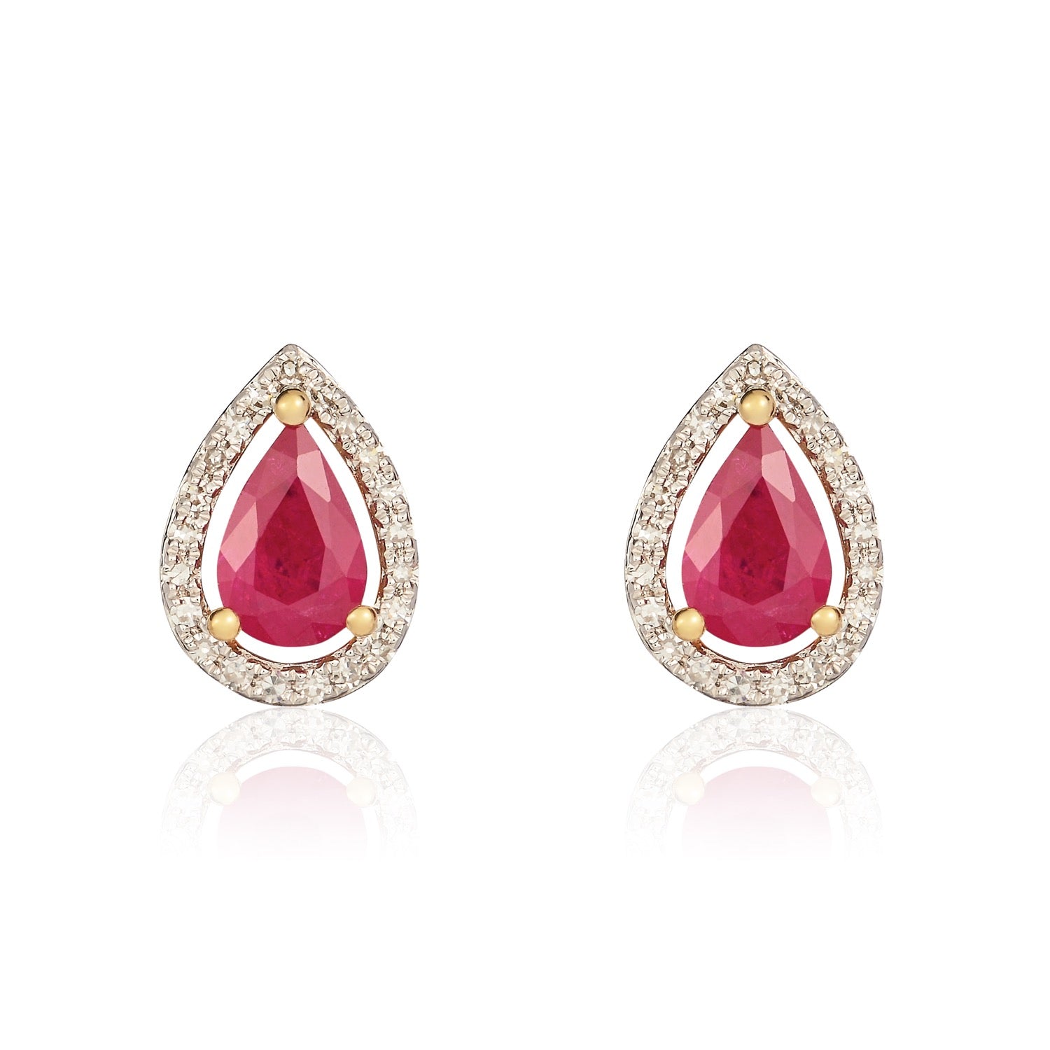 9ct Yellow Gold 6x4 Pear Shape Ruby & Diamond Halo Cluster Earrings Rhodium to Diamonds