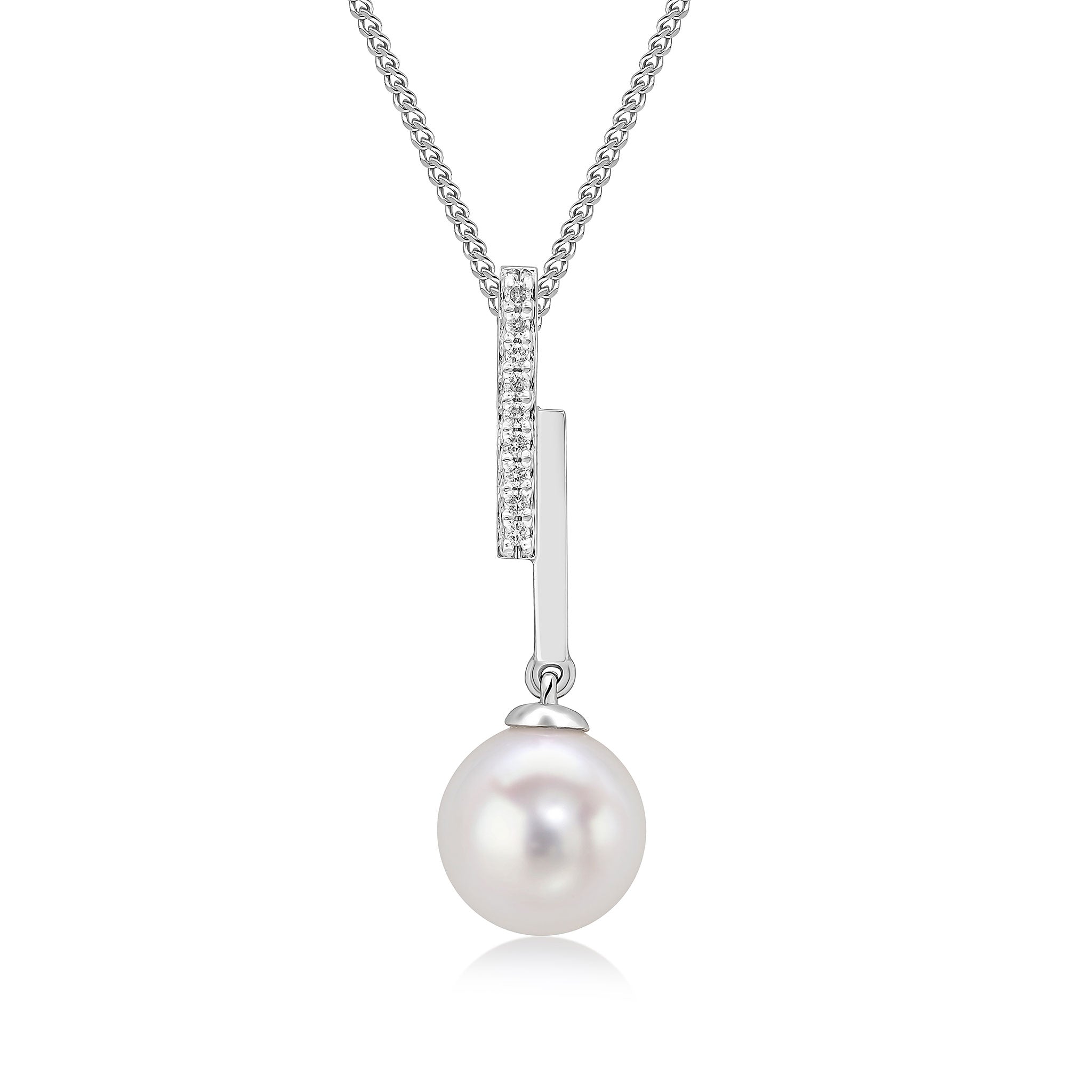 9ct White Gold Prl & Diamond Double Bar Pendnt