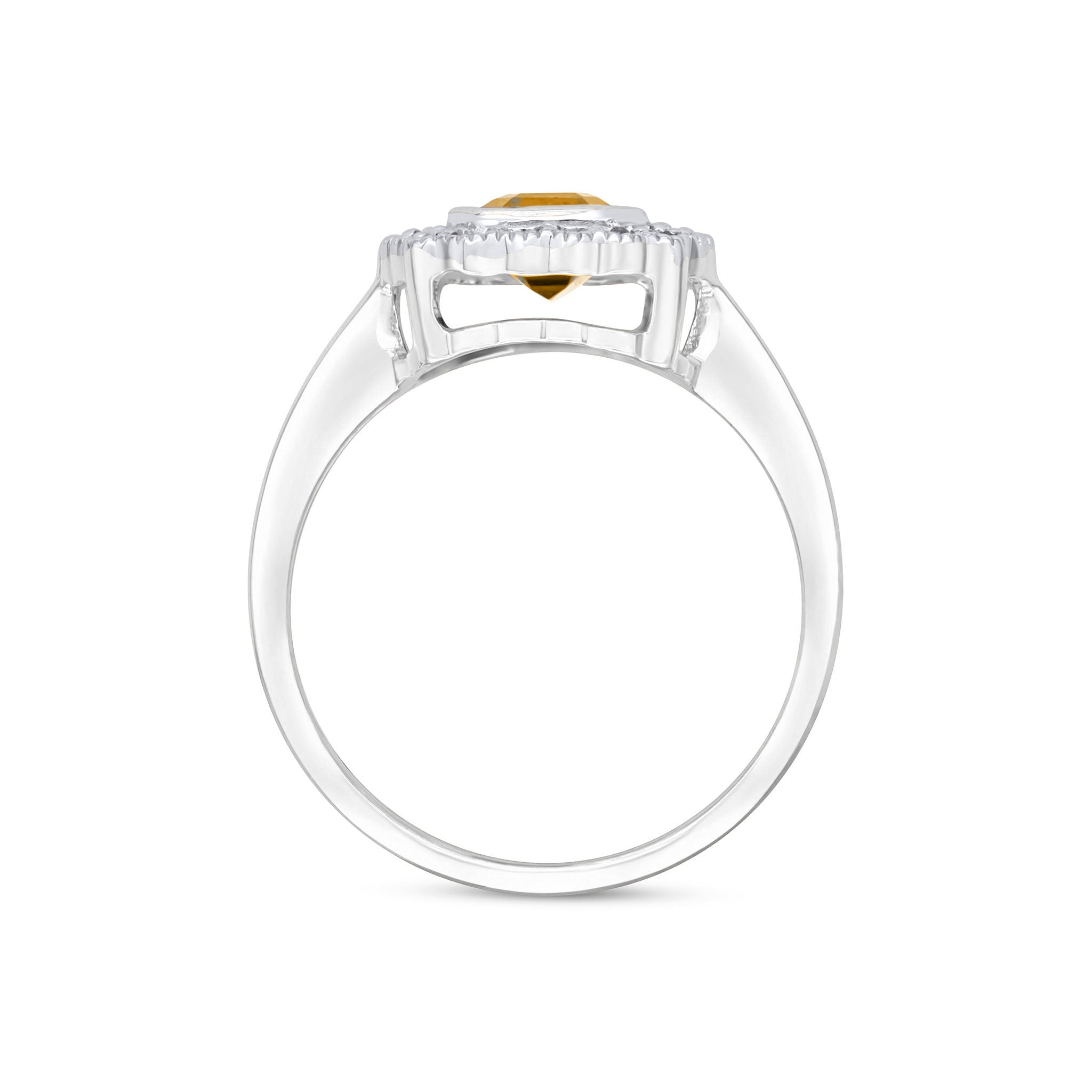 9ct White Gold Rubover 7x5 Octagon Citrine and Diamond Cluster Ring with Milgrain Edge