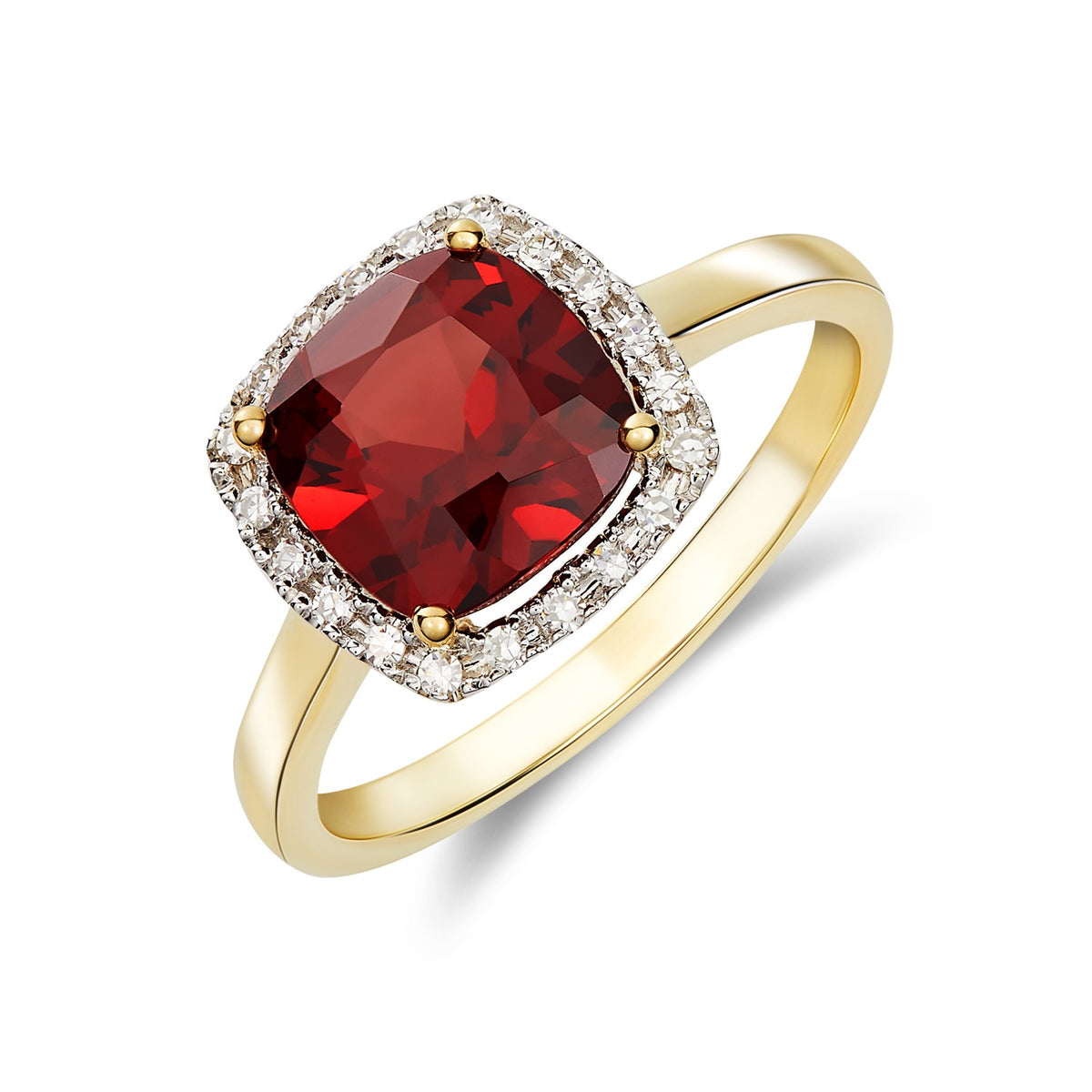 9ct Yellow Gold 8mm Cushion Garnet and Round Diamond Claw Set Cluster Ring Rhodium to Diamonds