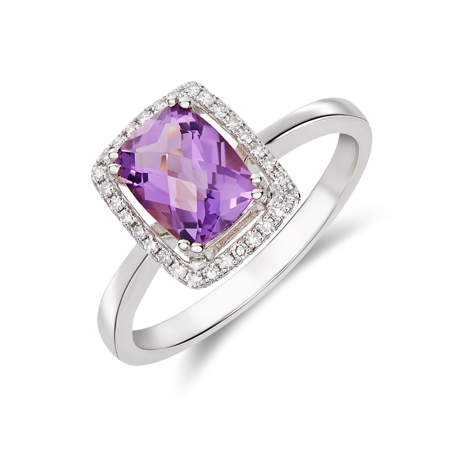 9ct White Gold 8x6 Cushion Checkerboard Cut Amethyst & Diamond Halo Cluster Ring