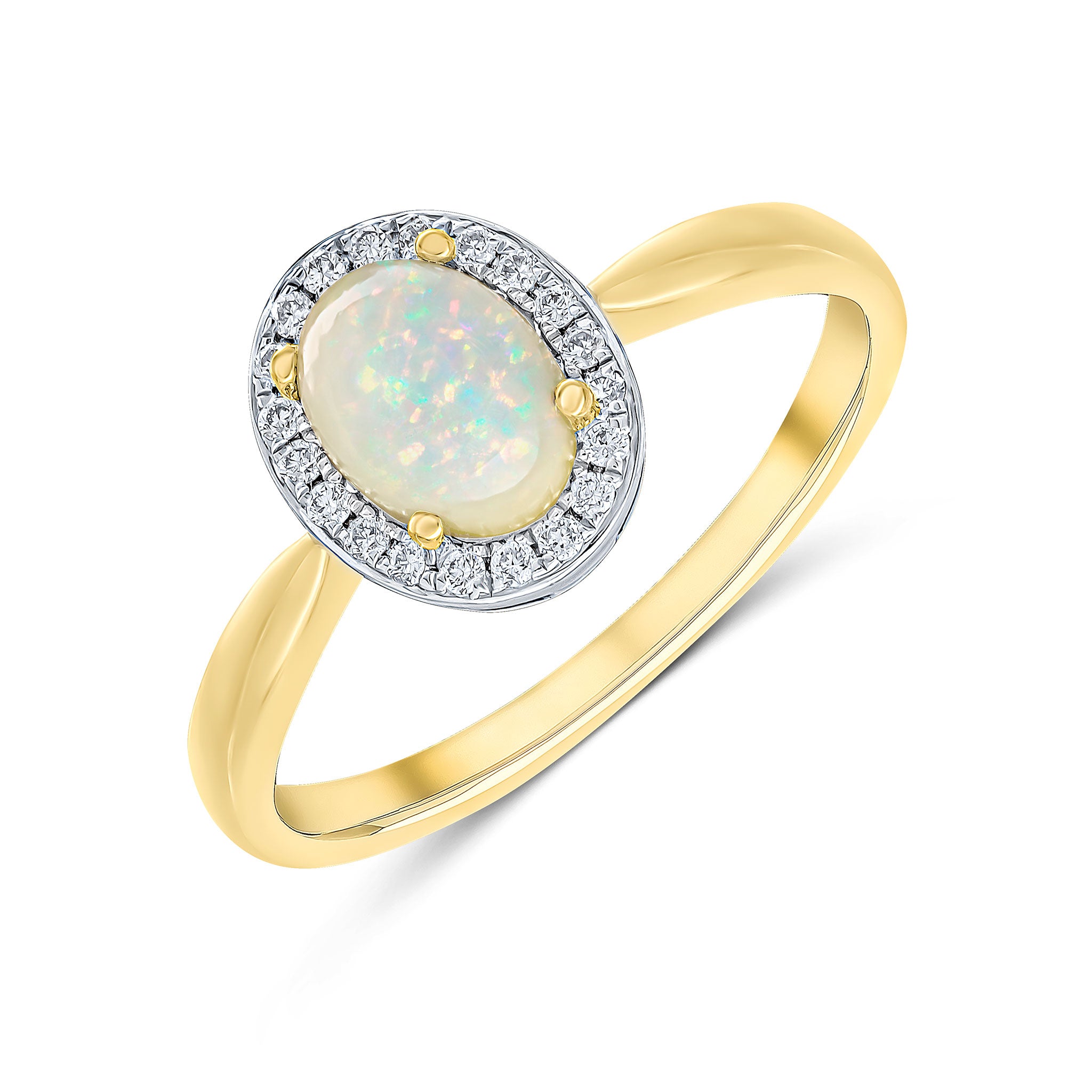 18ct Yellow Gold Claw Set 7x5 Oval Opal & Grain Set Round Diamond Cluster Ring Rhodium to Diamonds