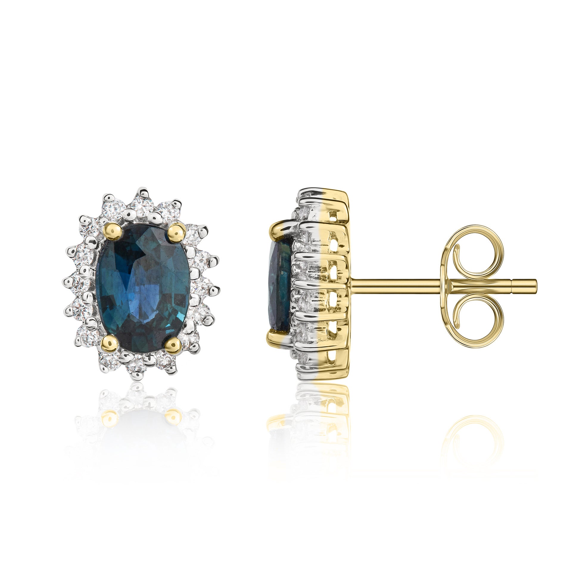 9ct Yellow Gold 7x5 Oval Sapphire & Diamond Claw Set Cluster Earrings Rhodium to Diamonds