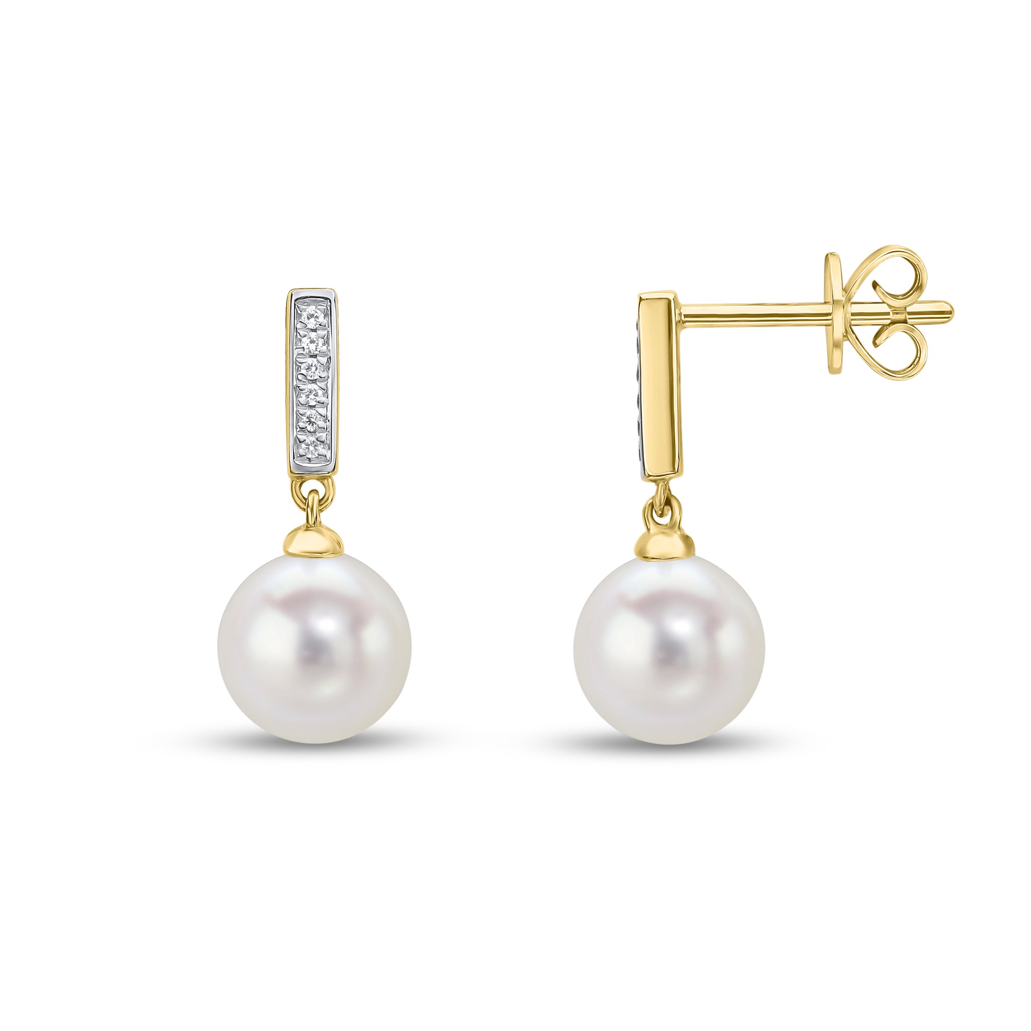 18ct Yellow Gold Round Freshwater Cultured Pearl and Diamond Line Top Drop Earrings Rhodium to Diamonds