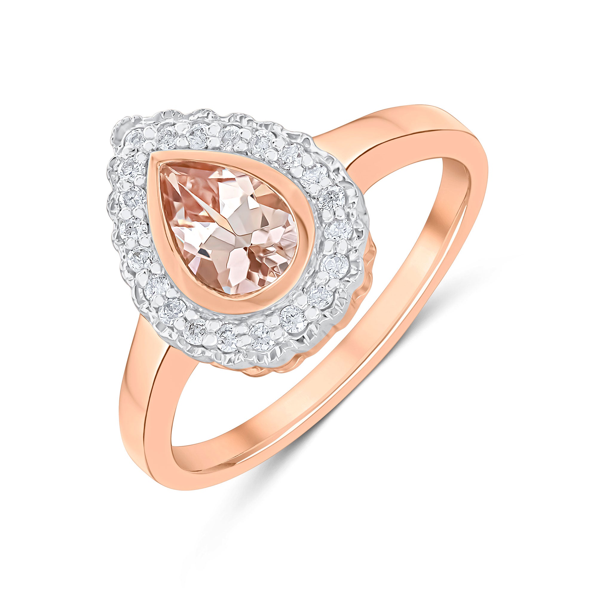 9ct Rose Gold Pear Shape Rubover Morganite and Milgrain Round Diamond Cluster Ring Rhodium to Diamonds