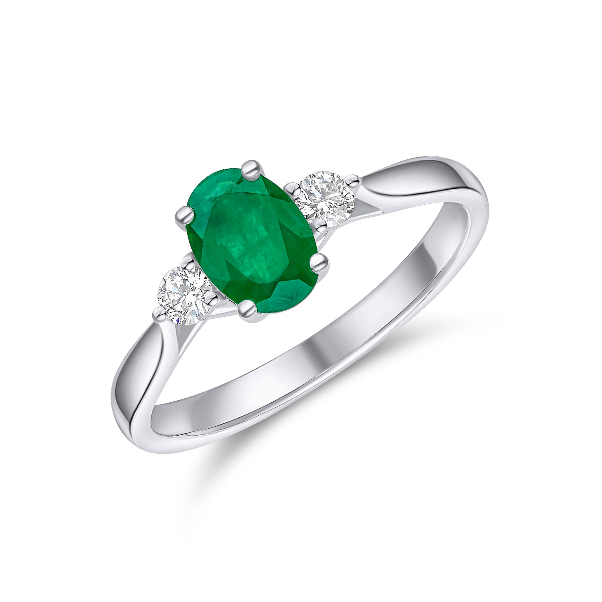 18ct White Gold 7x5mm Oval Emerald and Round Diamond Claw Set 3 Stone Ring