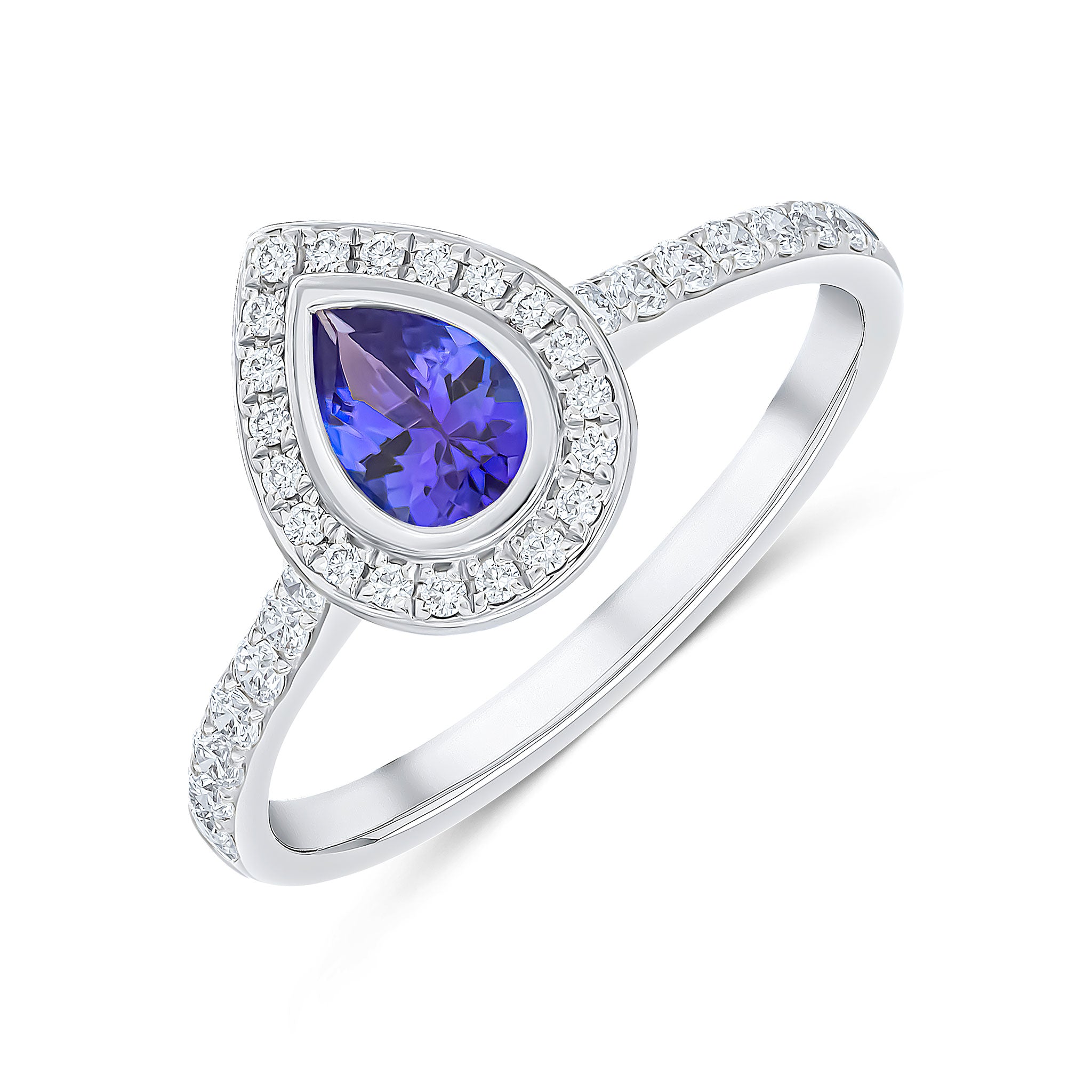 18ct White Gold Rubover Pear Shape Tanzanite and Grain Set Diamond Cluster Ring with Claw Set Diamond Shoulders