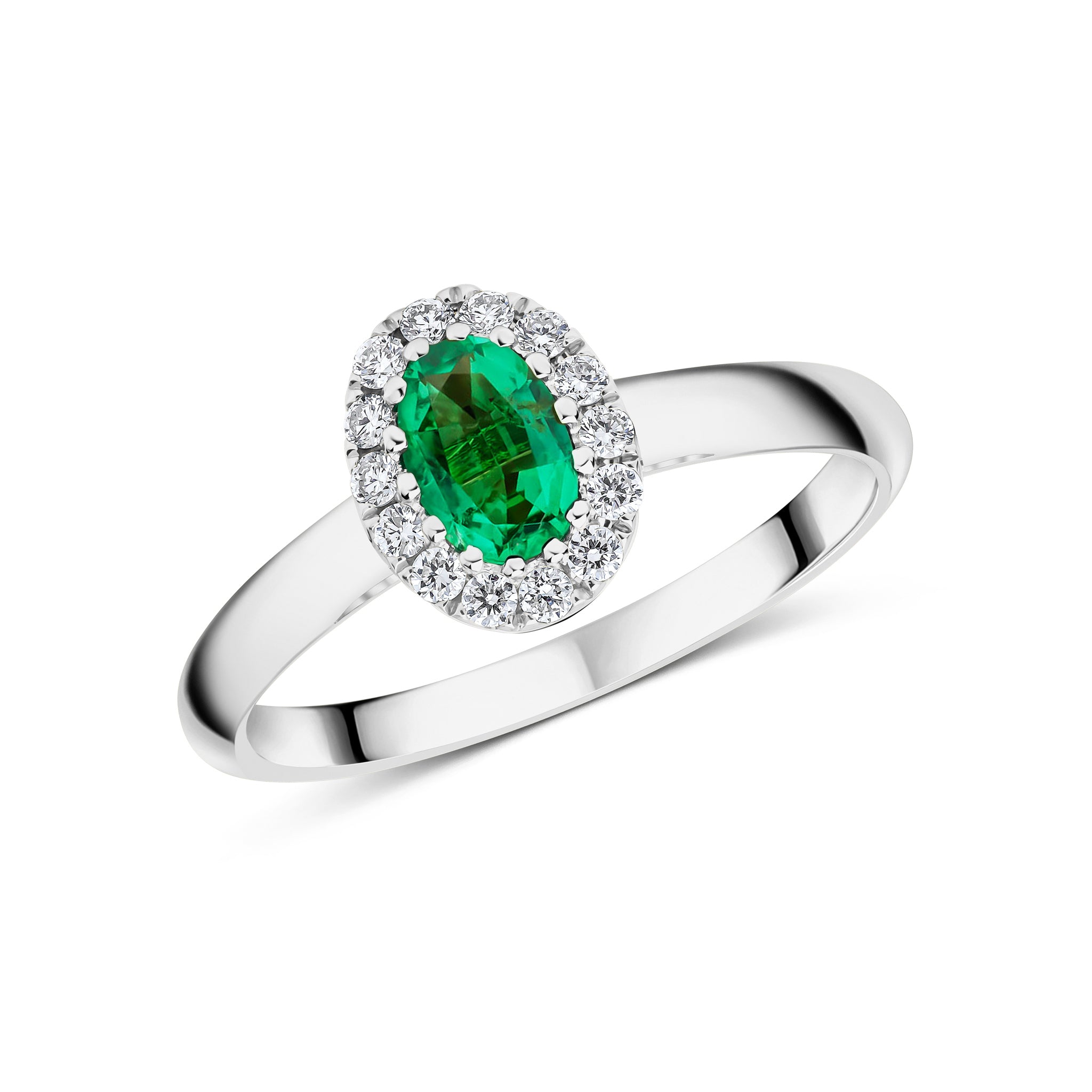 18ct White Gold 6x4 Oval Emerald & Diamond Claw Set Cluster Ring