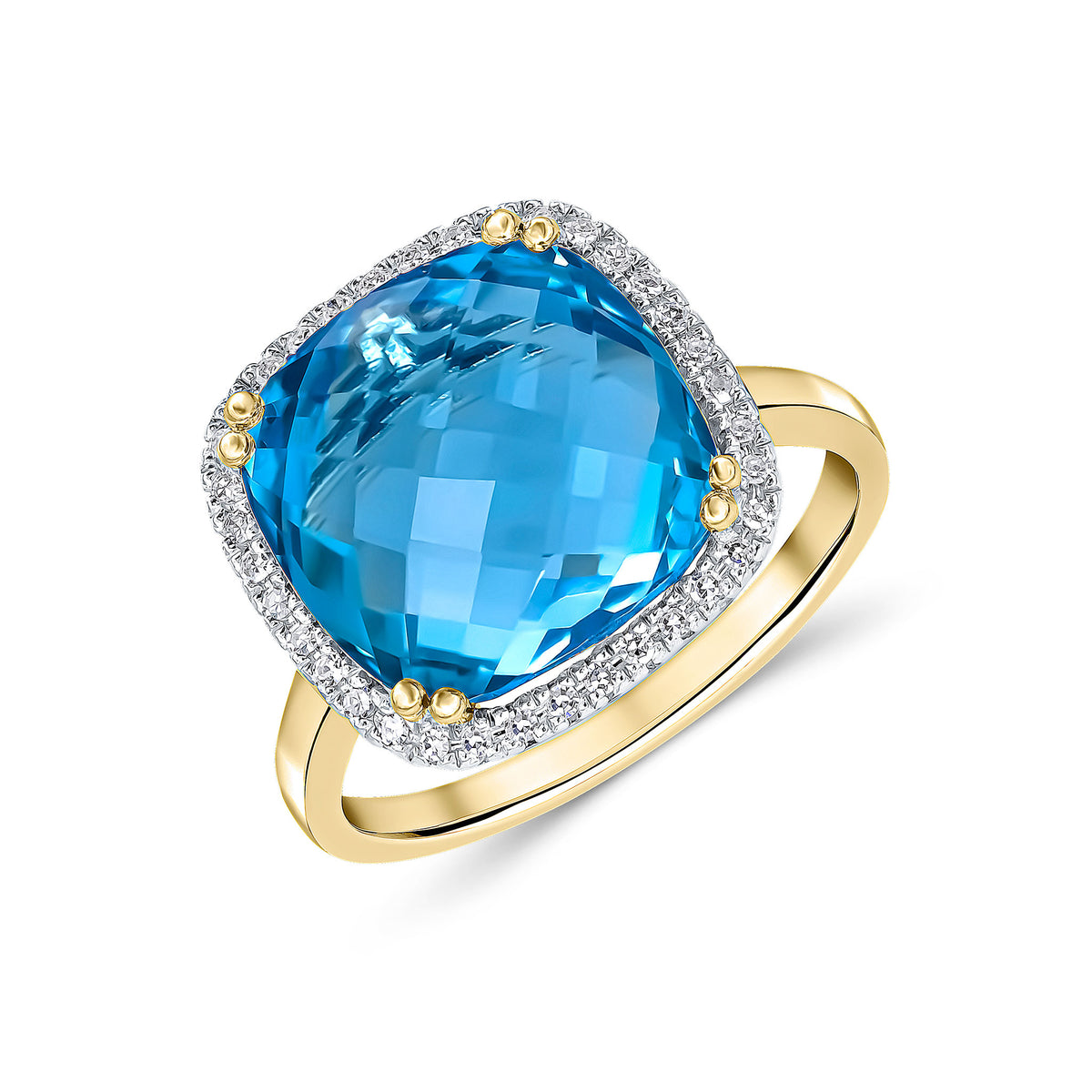 9ct Yellow Gold 12mm Checkerboard Cut Cushion Swiss Blue Topaz and Round Diamond Claw Set Cluster Ring Rhodium to Diamonds